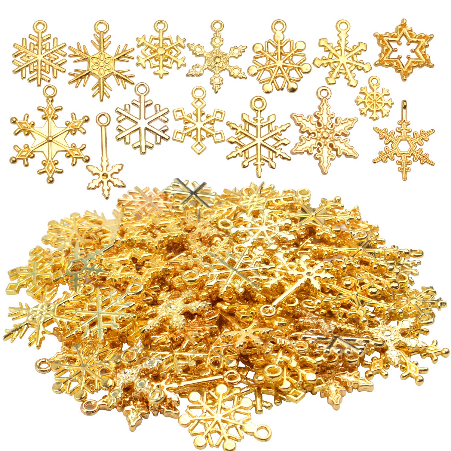 Christmas Snowflake Charms, 100g (about 80pcs - 90pcs) Mixed Alloy Snowflake Pendant Craft Supplies Jewelry Findings for DIY Necklace Bracelet Jewelry Making, Gold