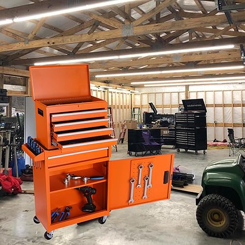 Miniatura 8 de Carrito de herramientas de metal con 5 cajones con 1 gabinete, organizador multifuncional de herramientas rodantes con caja de herramientas superior