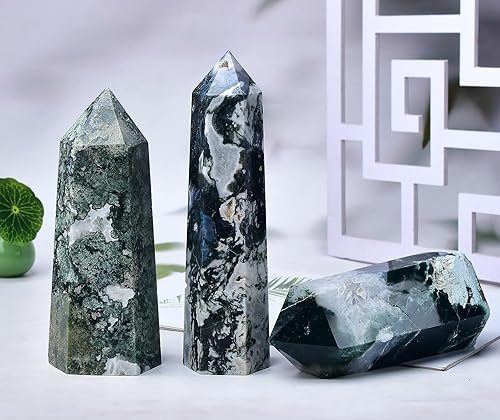 Miniatura 3 de Torres grandes de ágata musgo, obelisco de punta de cristal verde, 6 facetas curativas, varita de piedra de cristal para regalo de meditación,