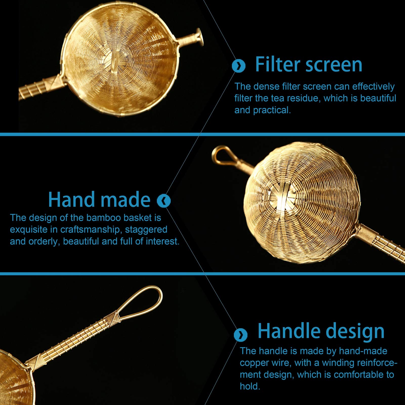 Passoire à thé en cuivre fabriquée à la main, filtre à théière réutilisable avec poignée debout, maille fine pour machine à thé