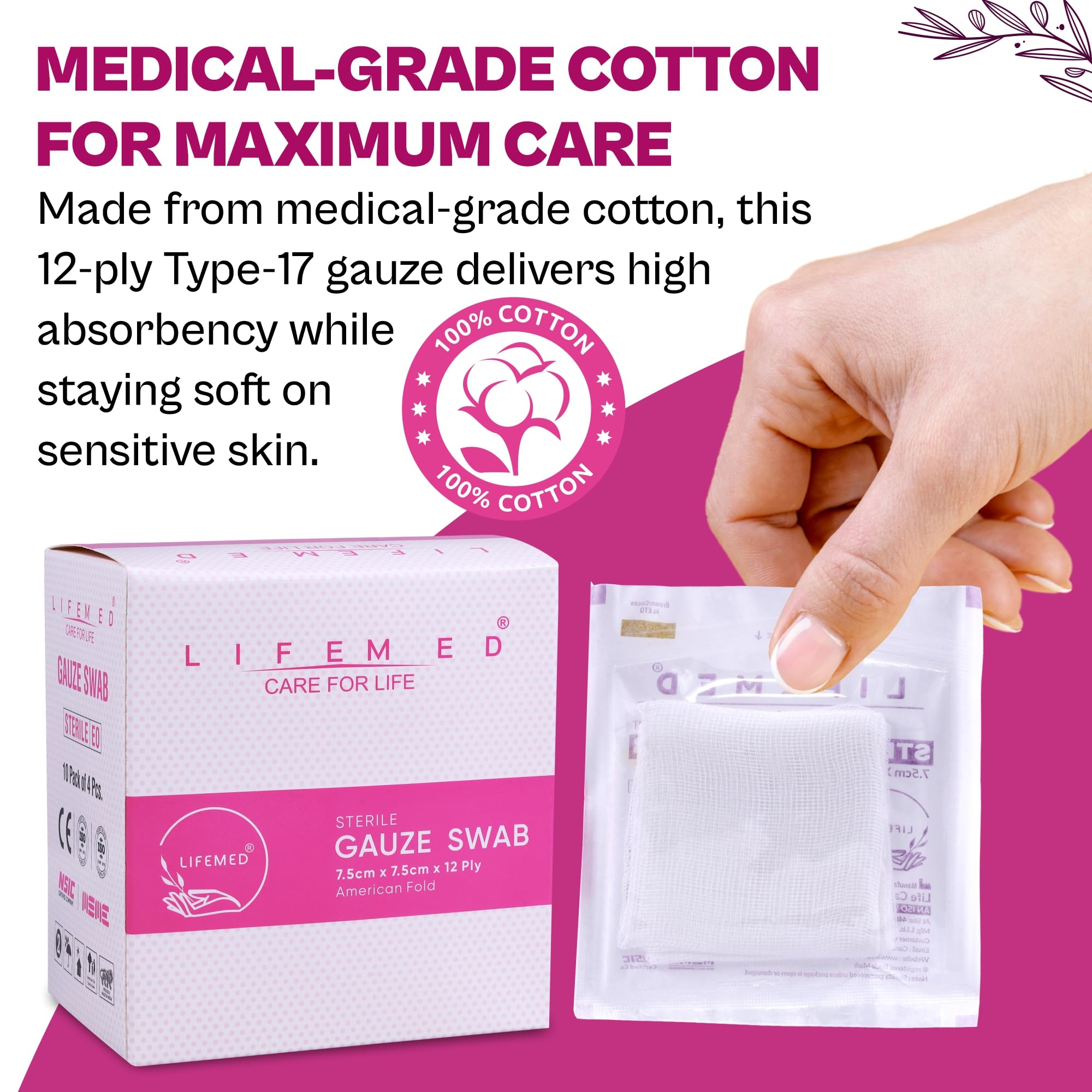 LIFEMED Absorbent Sterile Gauze Swabs 7.5 X 7.5 Cm, 12 Ply, 4 Pcs/pack, 10 Packs (40 Dressings), Highly Absorbent Wound Dressing Pads for First Aid, Surgical Procedures, Clinics & Hospitals 2