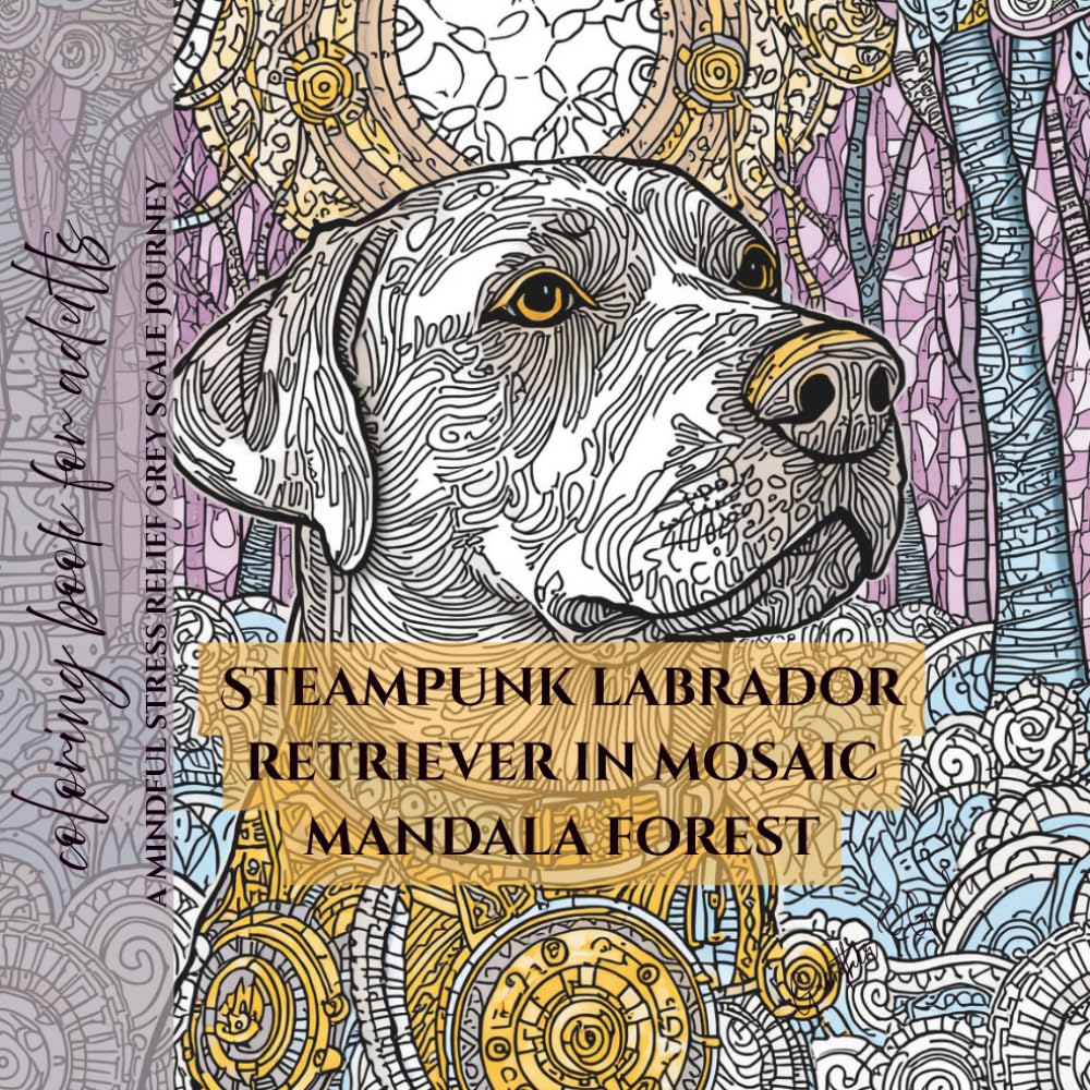 coloring book for adults steampunk Labrador Retriever in mosaic mandala forest: a mindful stress relief grey scale journey