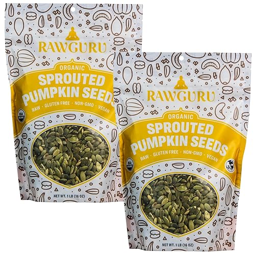 RawGuru Semillas de calabaza sin sal, germinadas y orgánicas, crudas Keto Veganas Kosher Paleo Snacks sin gluten Superalimento, 16 onzas,