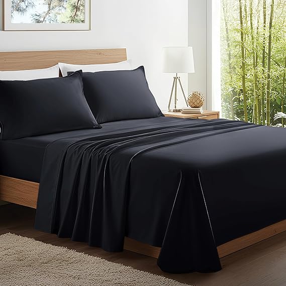 Kickoff Viscose Bamboo Sheets Twin XL Size 3-pc 100% Organic Bamboo Viscose Bed Cooling Sheets Twin XL Size Set Cool Bedding for hot Sleepers Sheet, Flat, Fitted, Pillowcase (Onyx Black, TXL)
