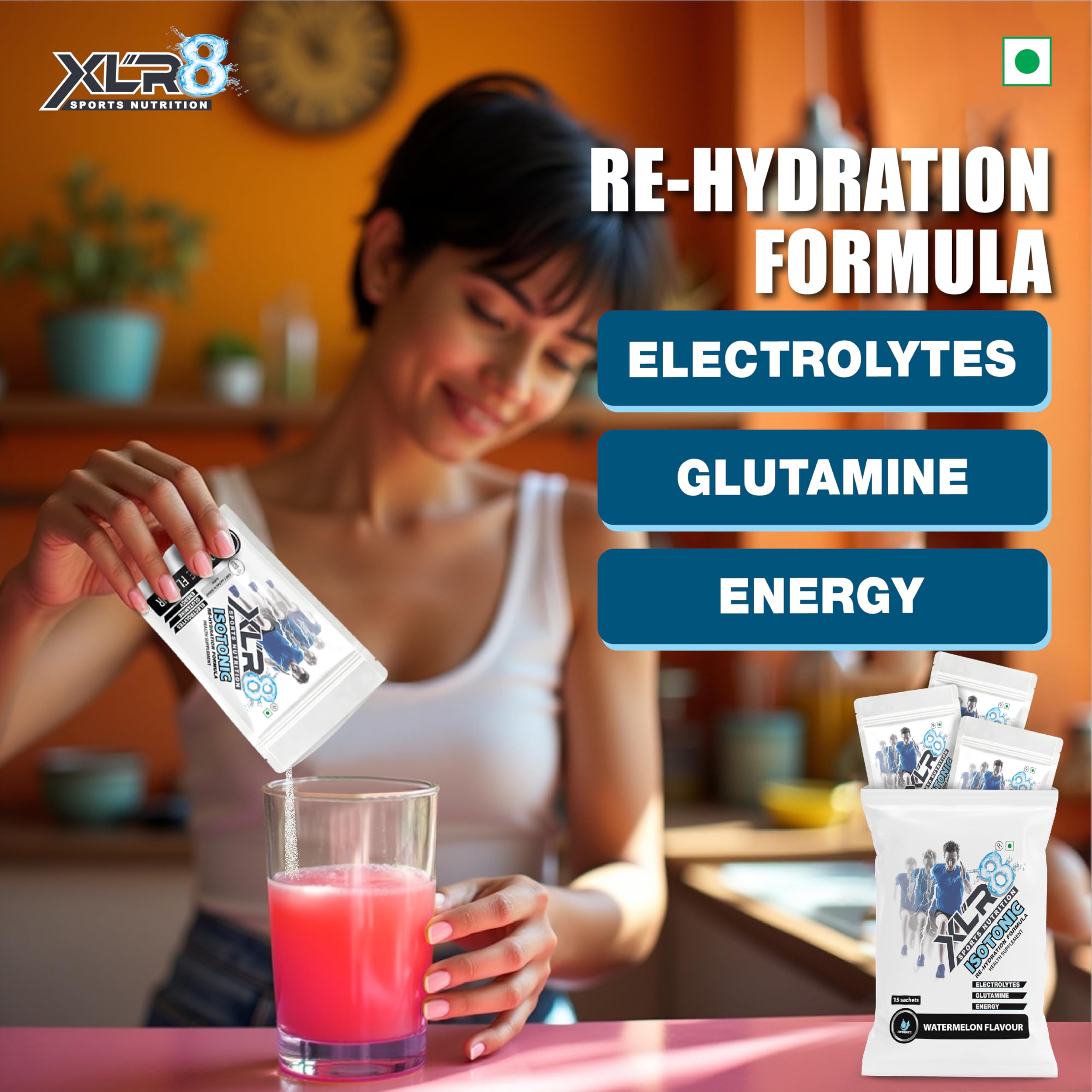 XLR8 Electrolytes Powder 20g (15 Servings ) with Shaker | High Performance Isotonic Sports Hydration & Energy Drink Mix with Sodium, Potassium, Magnesium, Glucose & Glutamine | Instant Rehydration for Workout, Running & Endurance |Watermelon
