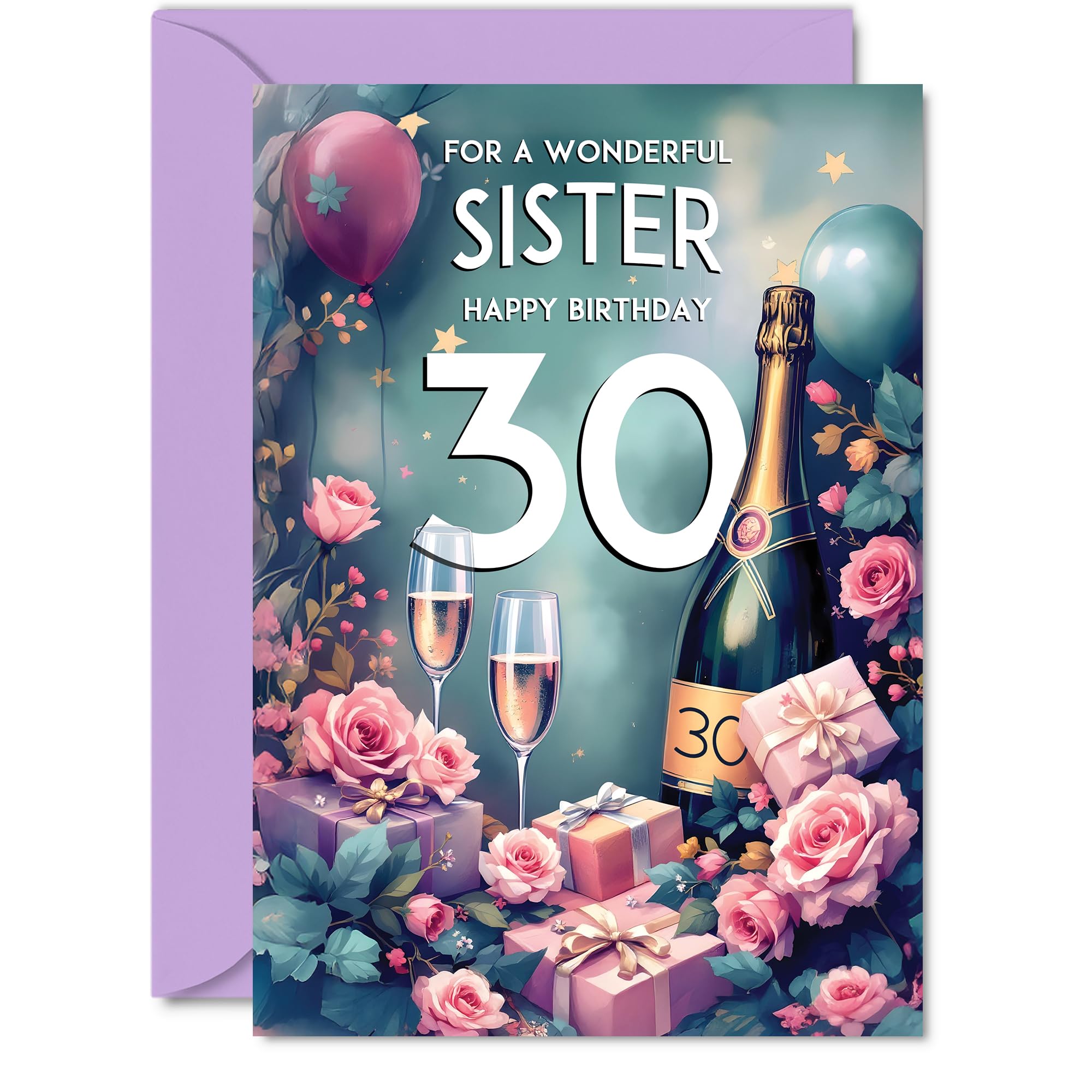30th Birthday Card Sister, Pink Presents Champagne Bottle
