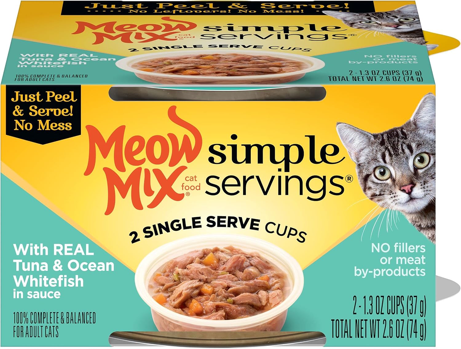 Meow Mix Simple Servings Wet Cat Food, Tuna & Ocean Whitefish in Sauce, 1.3 Ounce Cup (Pack of 24)