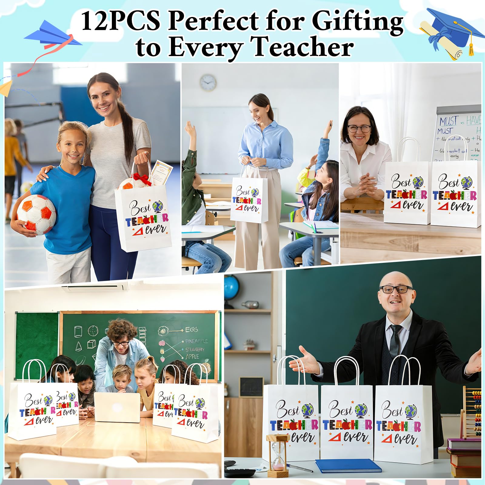 ZeffuLyne Teacher Appreciation Bags, 12Pcs Teacher Appreciation Gift Bags with Best Teacher Ever, Teachers' Day Back to School Party Favors Supplies