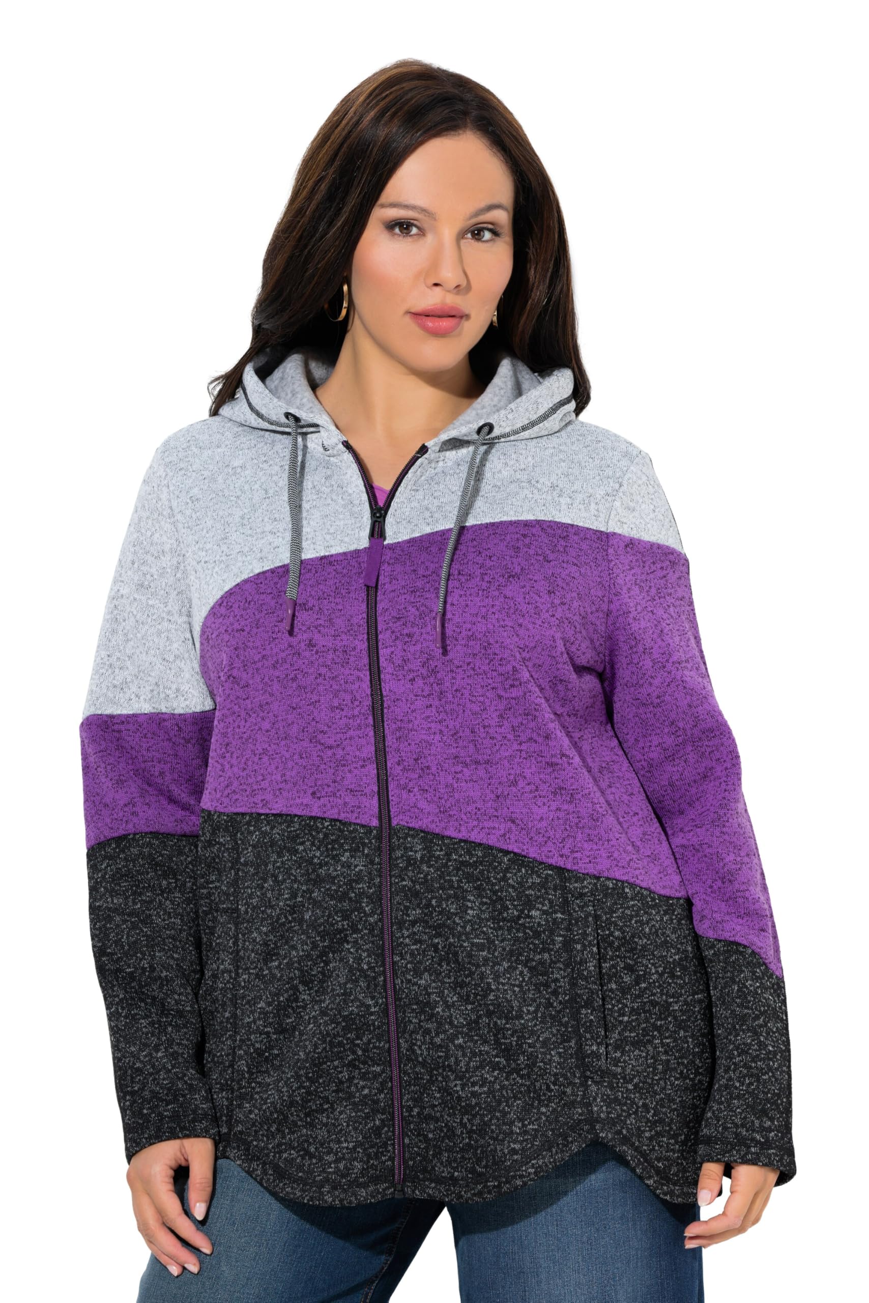 Ulla Popken Damen große Größen Übergrößen Plus Size Strickfleece-Jacke, Colorblocking, Kapuze, Zipper 835951