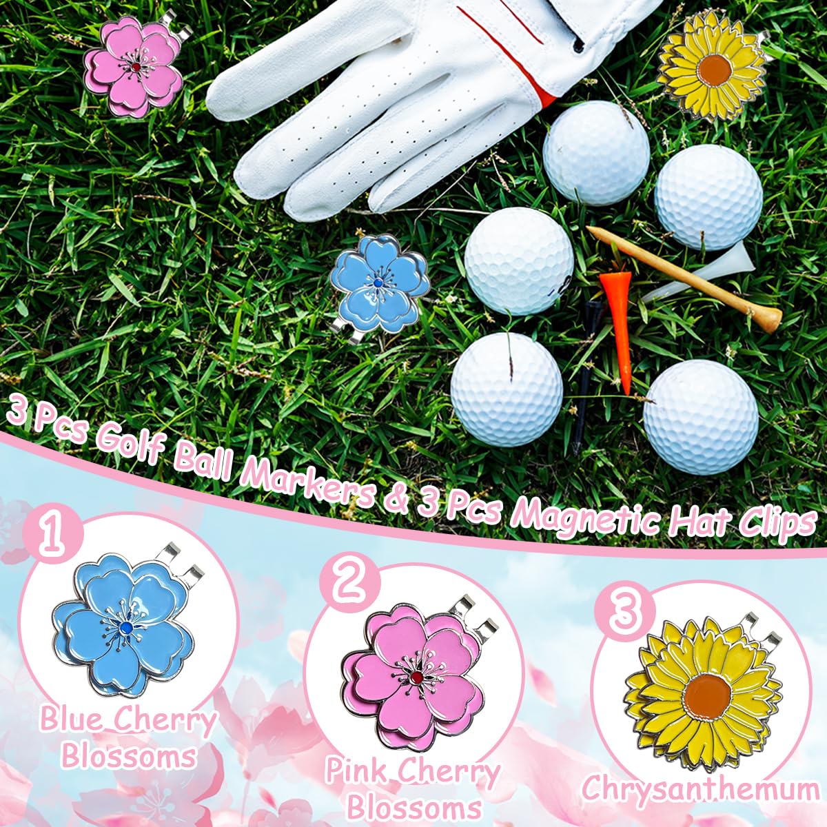 Juego de 3 marcadores de pelota de golf con clips magnéticos