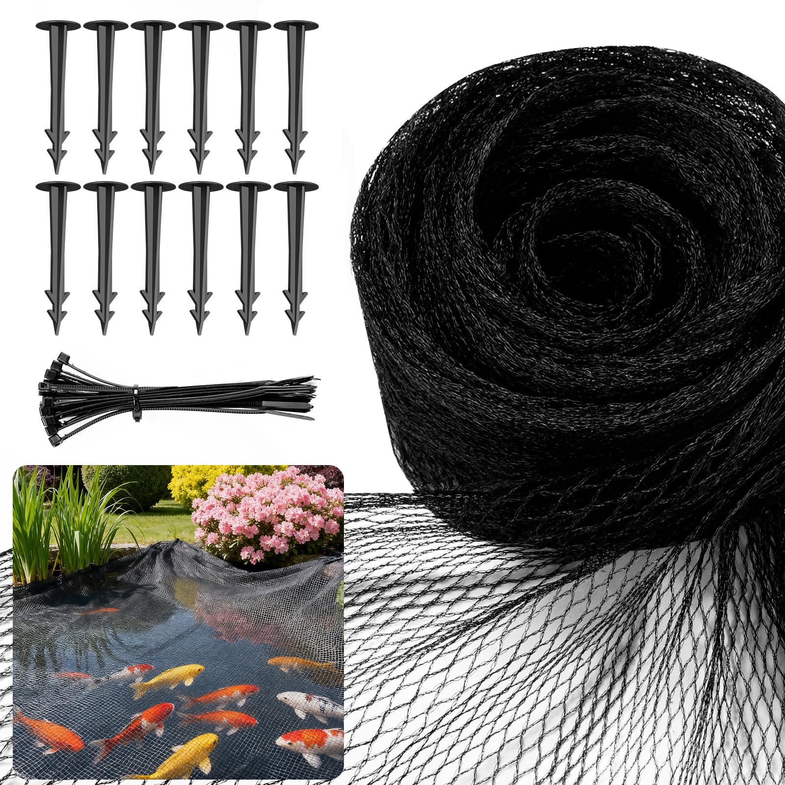 10 x 10Ft Pond Netting for Koi Ponds, Koi Pond Net Cover, Durable & Sturdy Pond Netting Cover for Leaves, Protect Koi Fish Against Herons, Raccoons, Cats & Predators, 12pcs Stakes Included