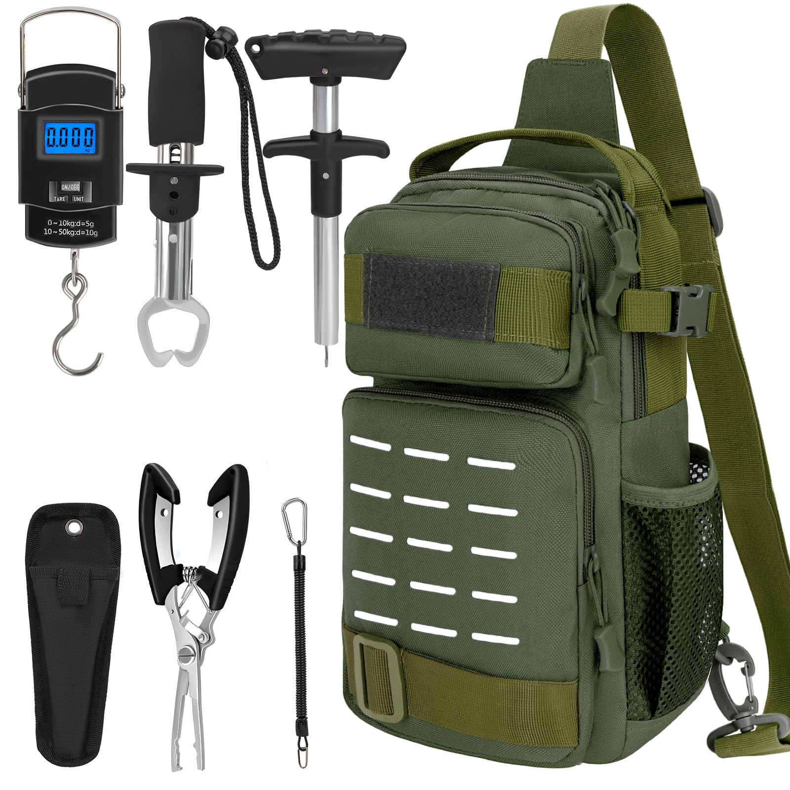 THKFISH Kit di 7 attrezzi da pesca, borsa tattica da pesca con pinze da pesca, kit di attrezzatura da pesca, strumenti di rimozione dell'amo, pinza da pesce con guaina e cordini, bilancia digitale da