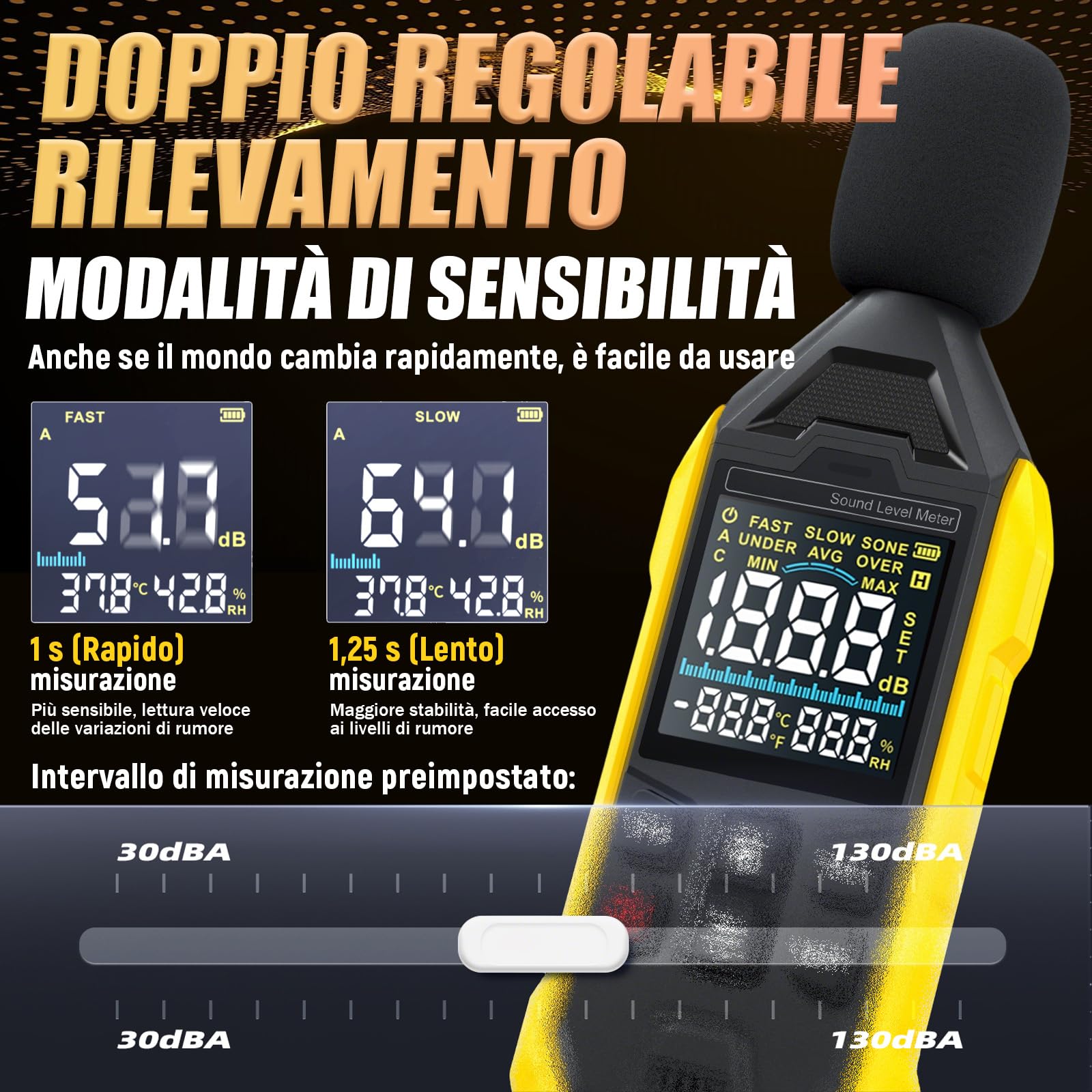 FDM01 Misuratore di decibel 600 mAh,Misuratore decibel ricaricabile,Da 30 dB a 130 dB,Min/AVG/Max Fonometro con Indicatore luminoso di allarme,Schermo a colori retroilluminato,Ponderato A