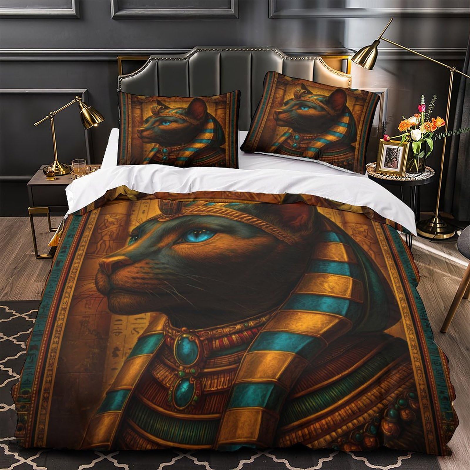 Parure de lit chat pharaon égyptien 3D housse de couette 135x200cm