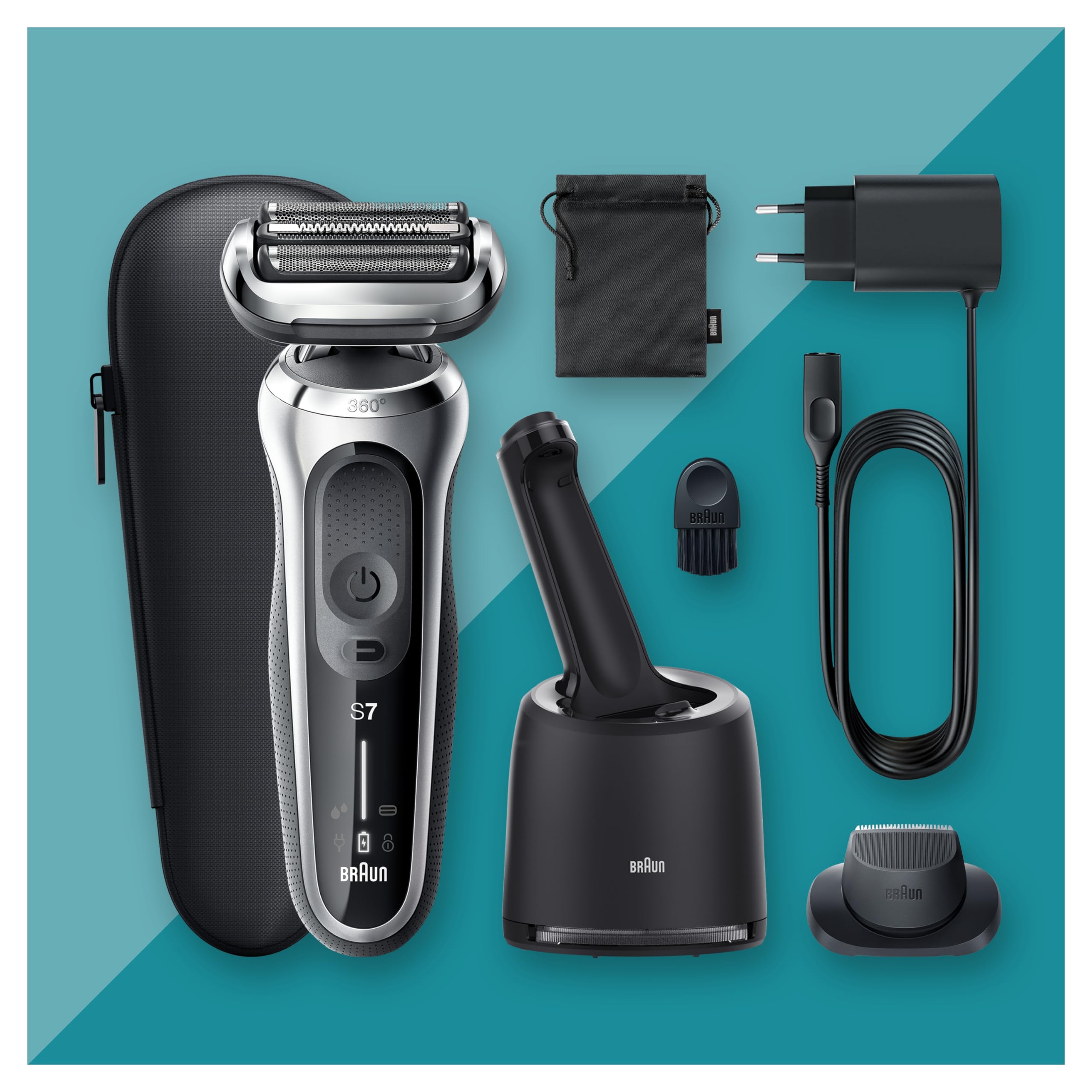 Braun Rasoir Electrique Homme Series 7 70-S7200cc Argent, A Grille, Sans Fil, Étanche, Rechargeable, Coffret De Rasage Avec Station De Nettoyage, Tondeuse Même Pour Les Barbes Dures