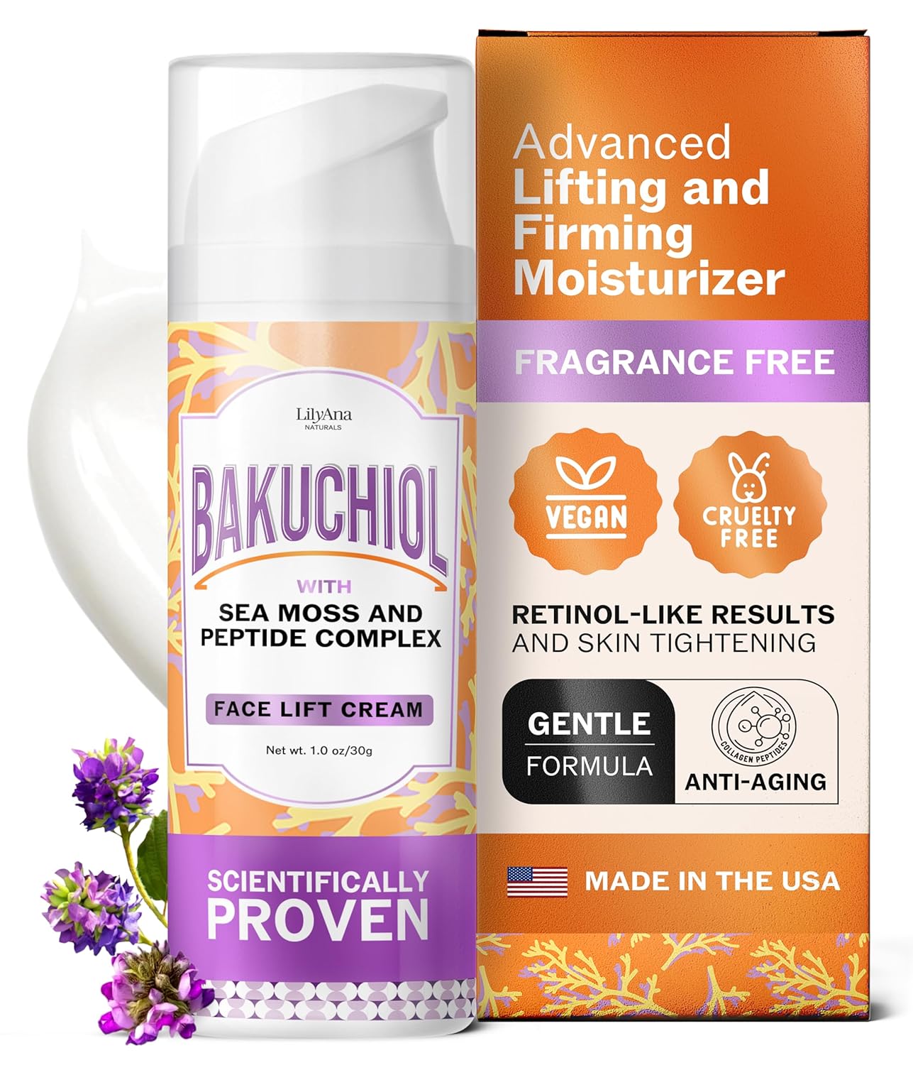 LilyAna Naturals Bakuchiol Face Lift Cream with Sea Moss and Peptide Complex – Face Cream for Women – Moisturizing and Lifting Facial Cream – Anti-Aging Overnight Moisturizer – Made in the USA – 1 oz