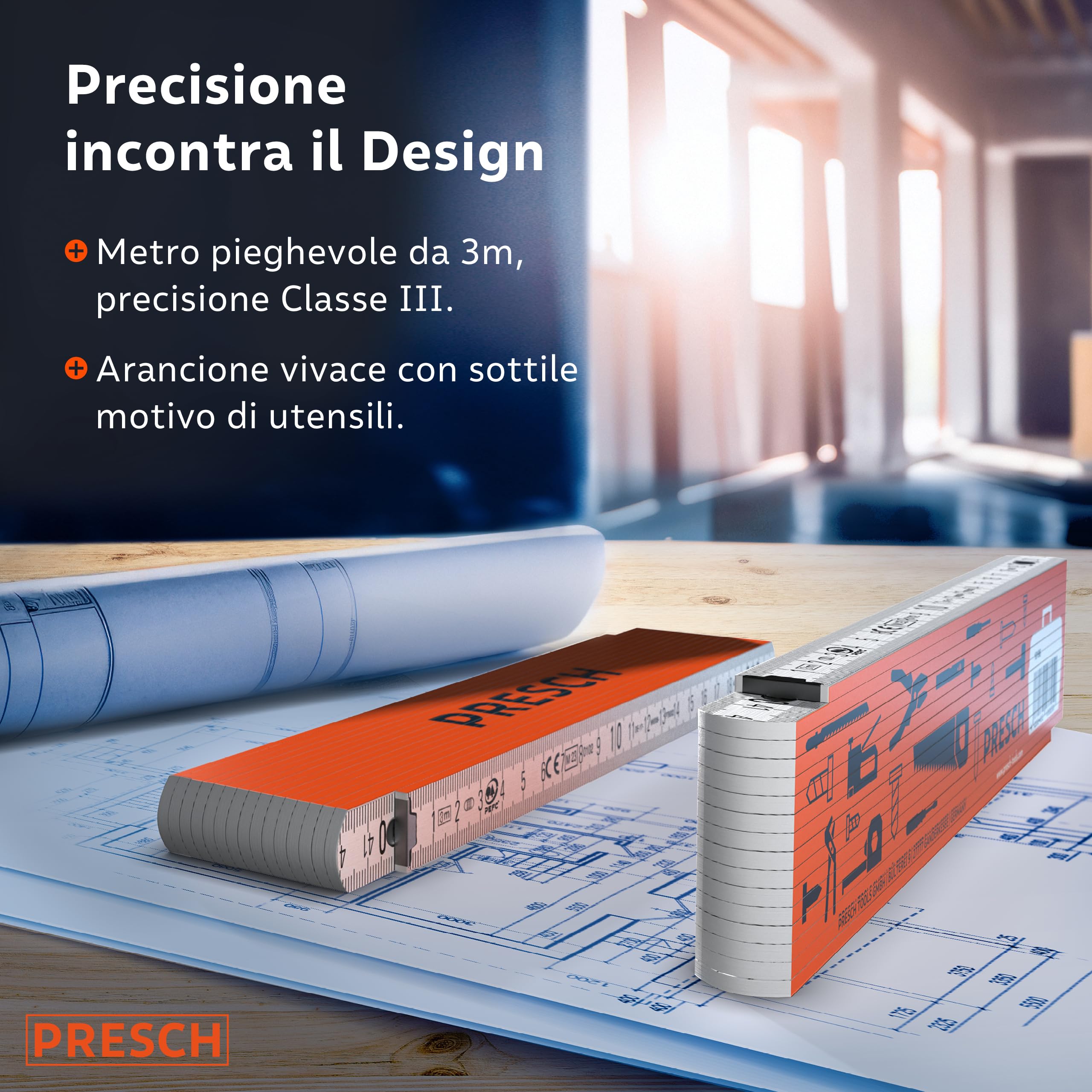 Presch Metro Pieghevole da 3 Metri con Scala degli Angoli - Legno Arancione - Numeri Grandi - Metro Righello con Motivo Strumenti