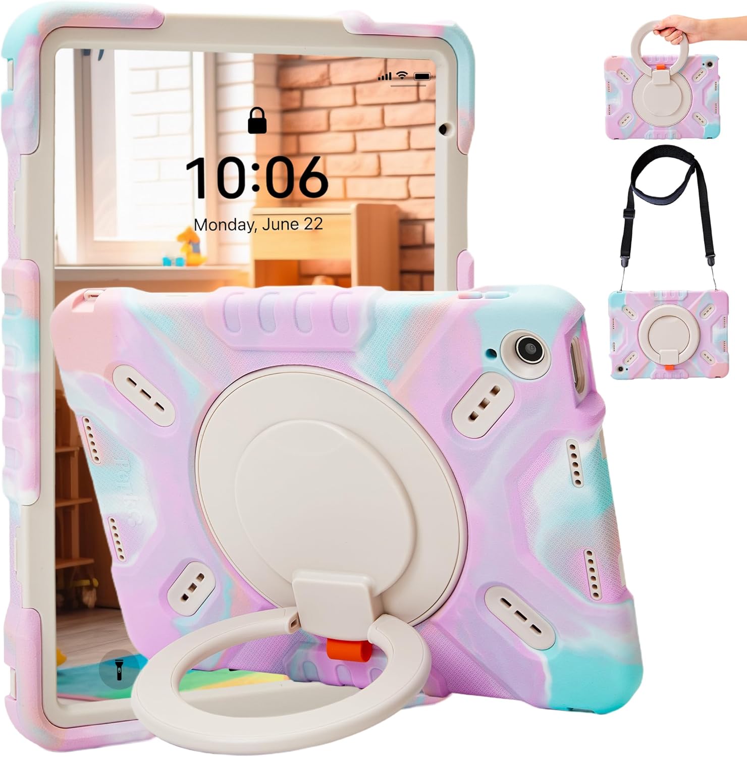 Pepkoo Kids Case for iPad 10th Gen 10.9" 2022 / iPad(A16) 11th Generation 11inch 2025, 3-Layer Shockproof Protective Cover with 360° Rotating Handle Stand & Pencil Holder(Colored Purple)