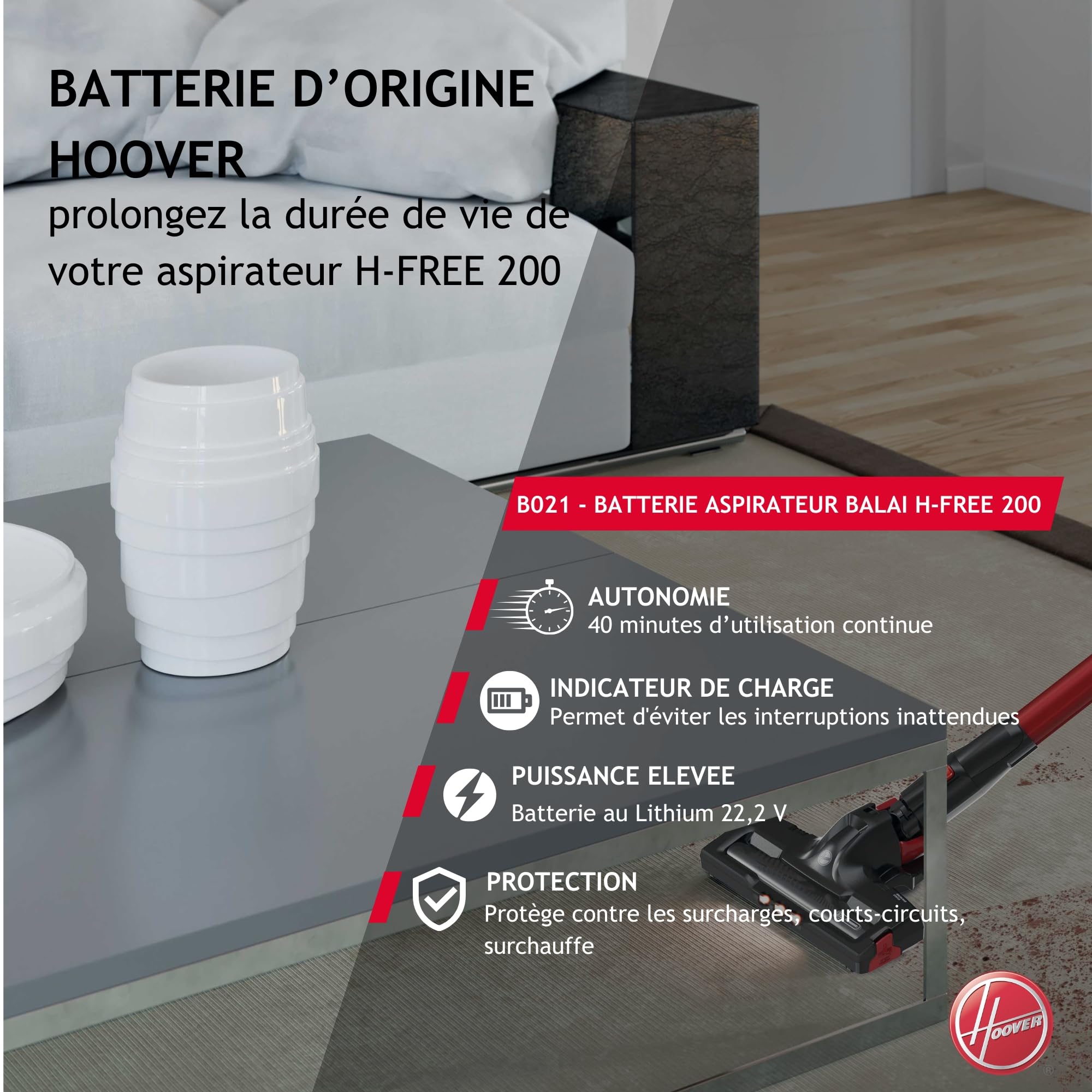 Hoover B021 Batterie Lithium d’Origine pour H-Free 200, Rechargeable, Noir