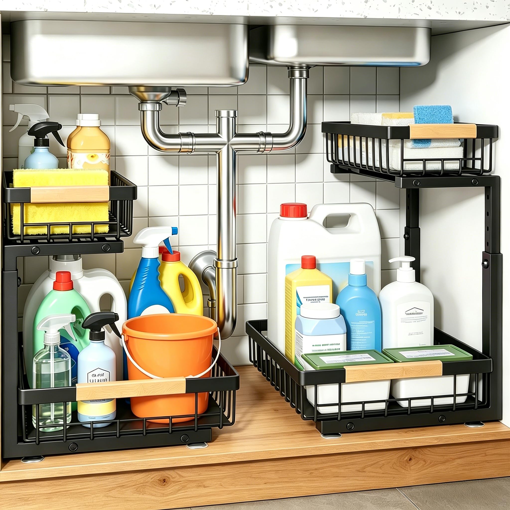 Metall Spülschrank Organizer, 2 Stück 2-Etagen Ausziehbarer Unter Waschbecken Regal, Ausziehbares Unterschrank Lagerregal für Küche, Badezimmer & Speisekammer (2er Pack)