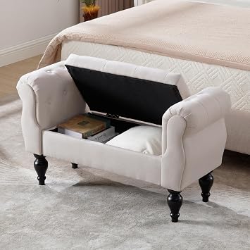 Storage Bench for End of Bed Bedroom, 39.7" Modern Ottoman Bench with Arms and Wood Legs, Upholstered Linen Button Tufted Entryway Bench with Storage Window Bench for Living Room, Beige