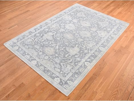 Battleship Gray Hand Knotted Oushak Influence Pure Silk and Textured Wool Oriental Rug (6'1x8'9)