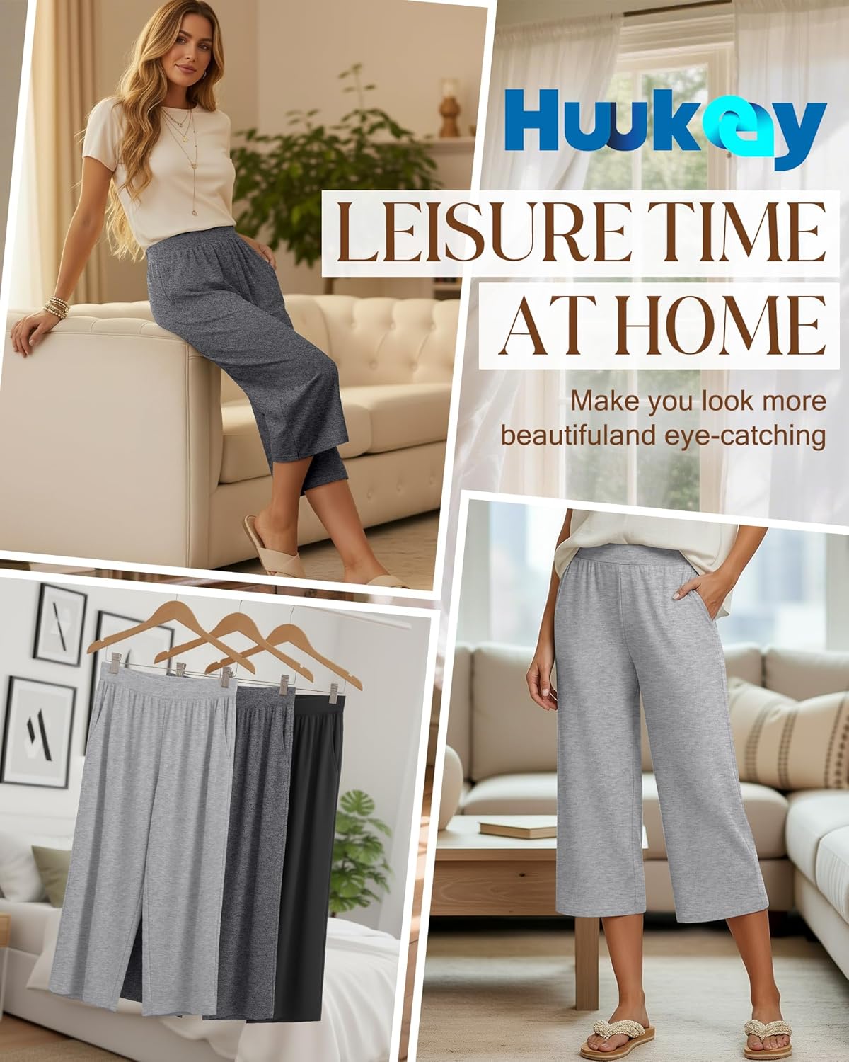 Huukeay 3 Pack Women's Capri Sweatpants, Cozy Wide Legs Cropped Capri with Pockets, Lounge Jogger Pants Workout Yoga Solid - Image 3