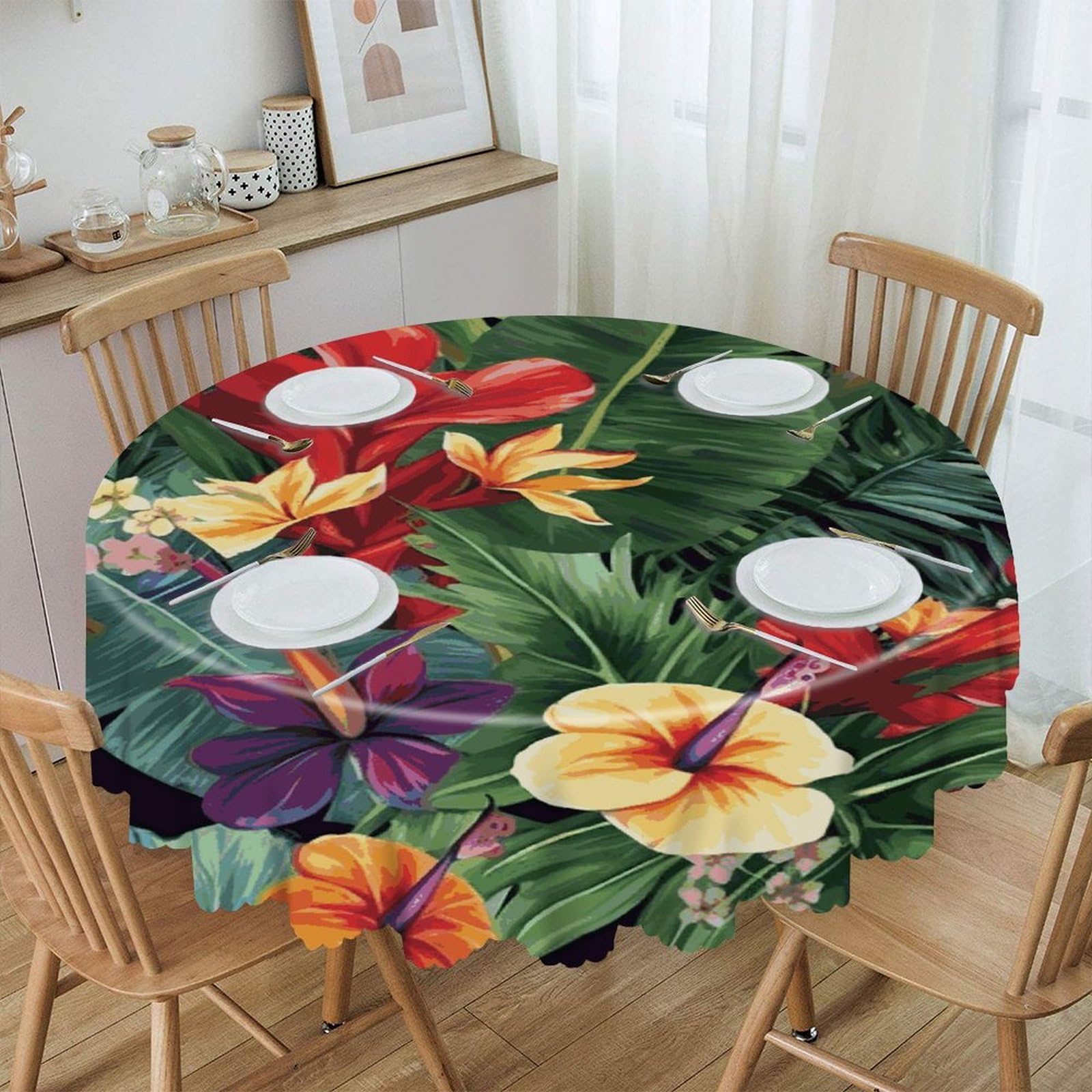 FekiLoot Tropical Plant Flowers Round Tablecloth 60 Inch Waterproof Heavy Duty Table Cloth Spillproof Washable Table Cover Wrinkle Resistant Tablecloths Decorative Table Cloths