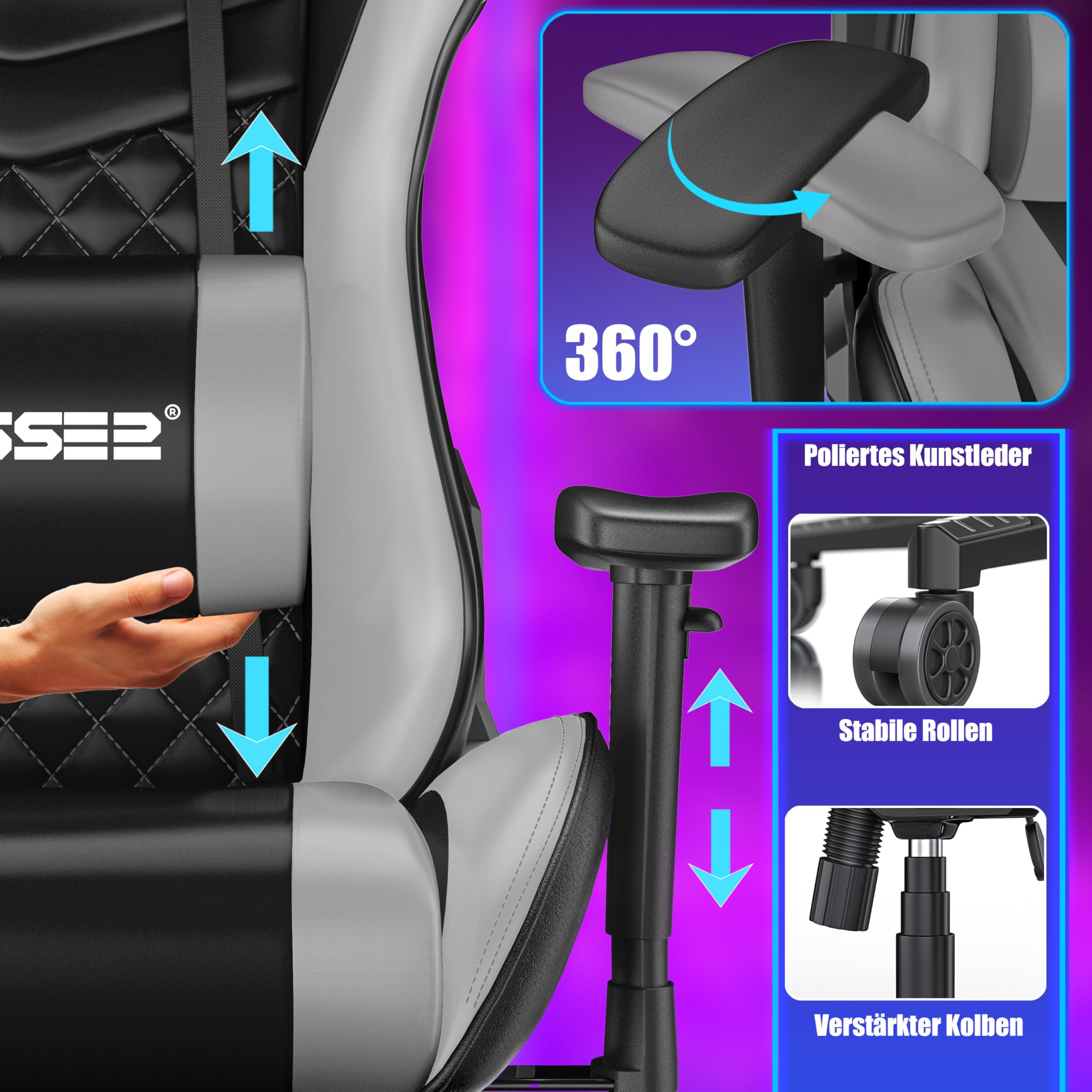 KESSER Silla de gaming ergonómica con reposacabezas y cojín lumbar, soporta hasta 150 kg, reposabrazos 360°, giratoria, con ruedas de goma