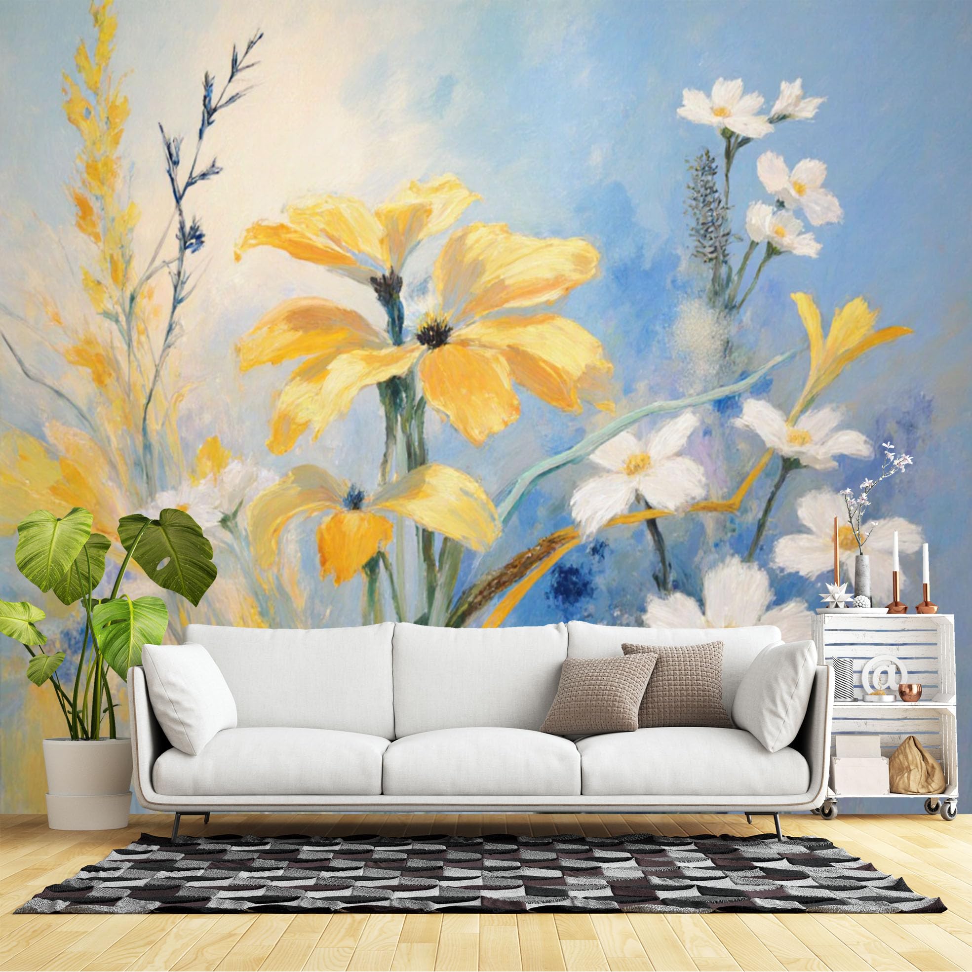 Custom Size Wall Murals,Yellow and White Wildflowers Abstract Painting Summer Floral Art Pastel Blue Background,SelfAdhesive Wall Fabric(NO PVC) Large Wallpaper for Living Room