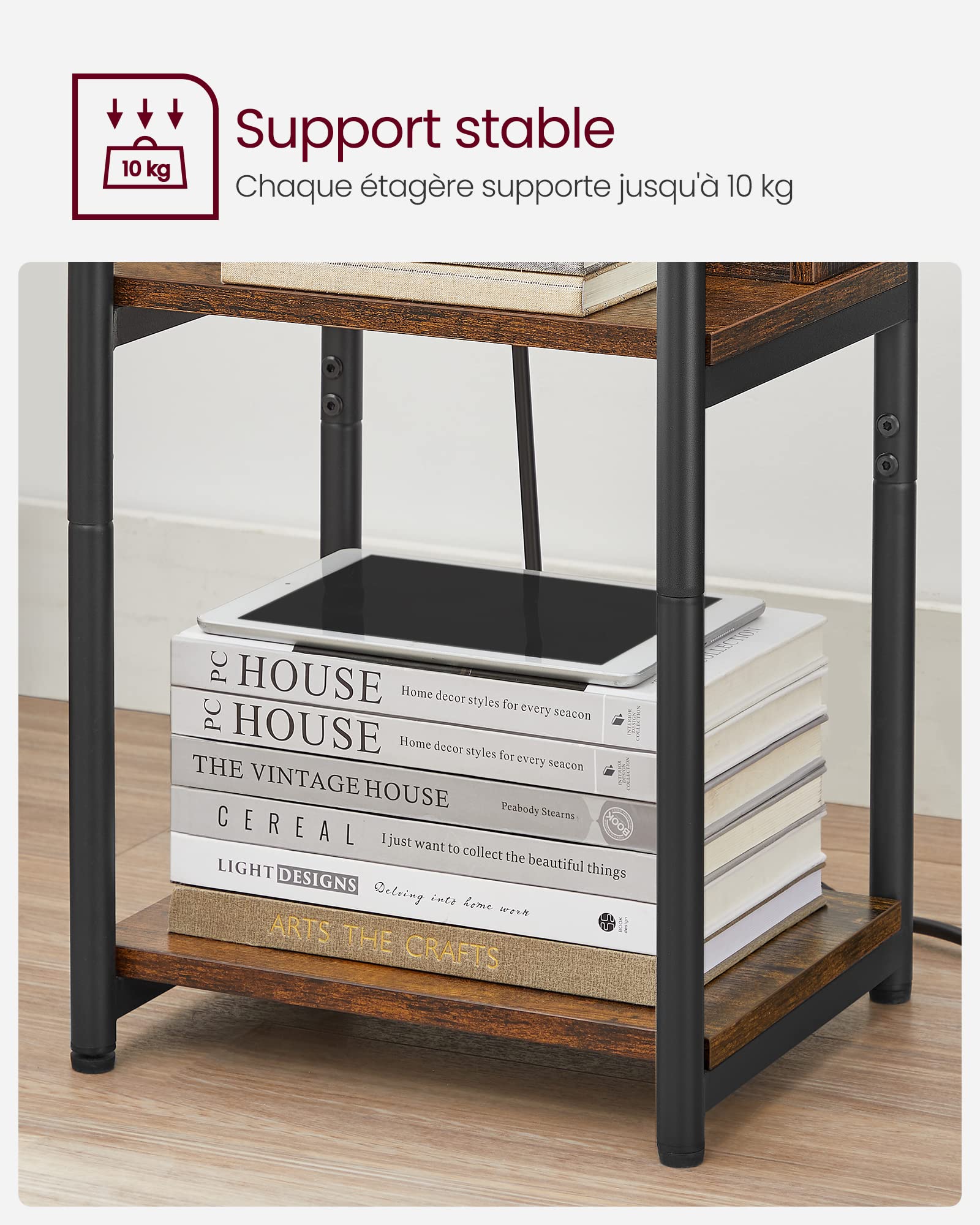 VASAGLE Table d'Appoint, Petite Table de Chevet avec Multiprise, Fin, 2 Prises CA, 2 Ports USB, 30 x 34 x 58 cm, pour Salon, Chambre, Marron Rustique et Noir LET375B01