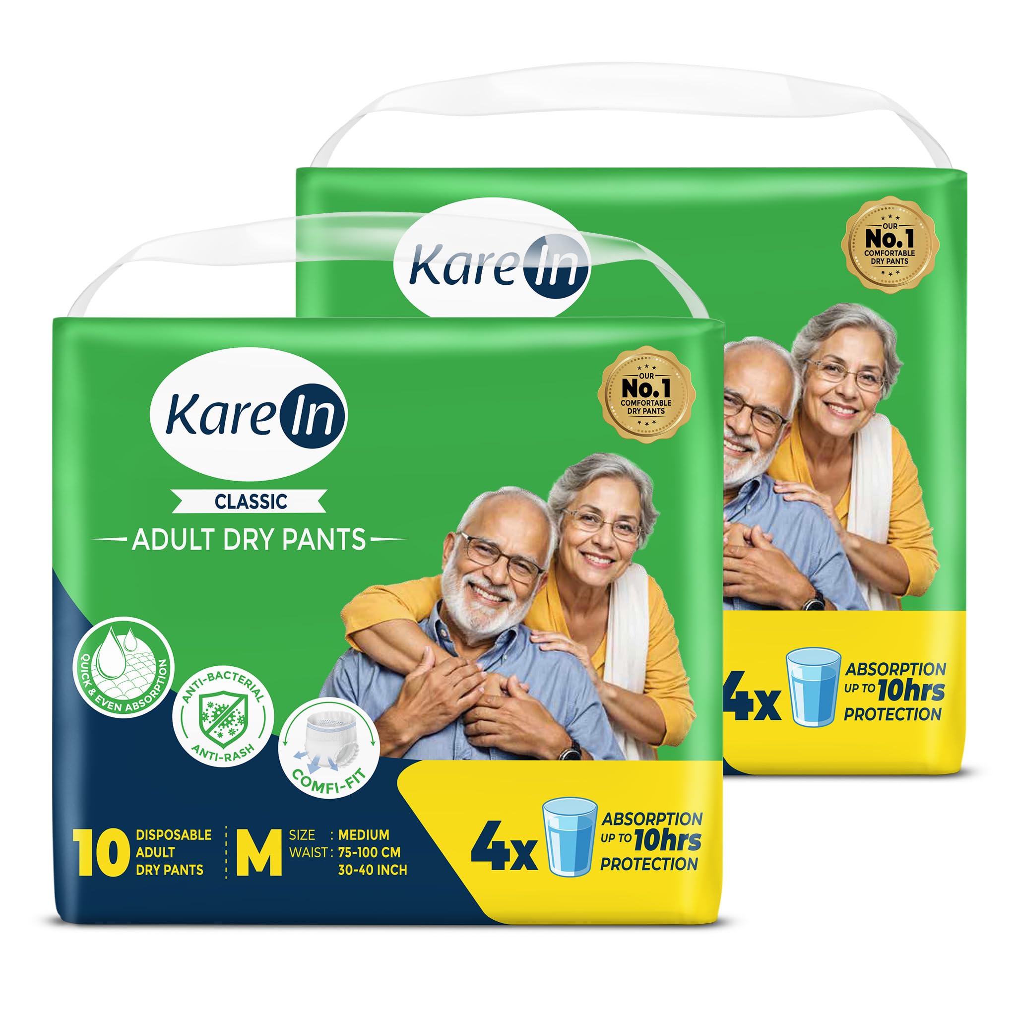 KareIn Classic Adult Diaper Pants, Medium 75-100 Cm (30"- 40"), 20 Count, Unisex, Leakproof, Elastic Waist, Wetness Indicator, Pack of 2