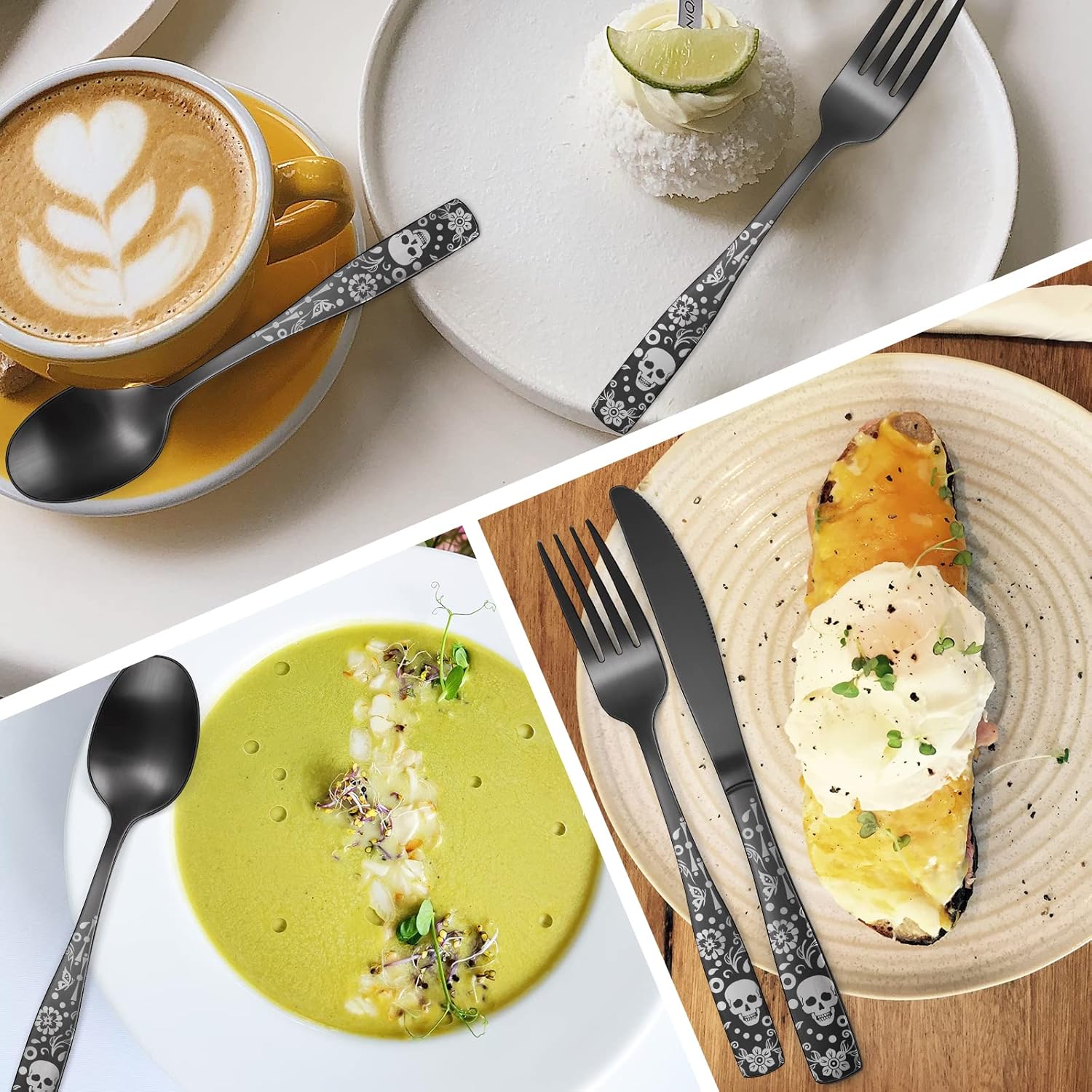 Pattern Matte Silverware Set for 8,40 Piece Gothic Black Flatware set,Skeleton Flower Bat Unique Pattern Design,Skull Knive Fork Spoon Spooky Utensils Cutlery,Halloween Party Supplies Event Tab