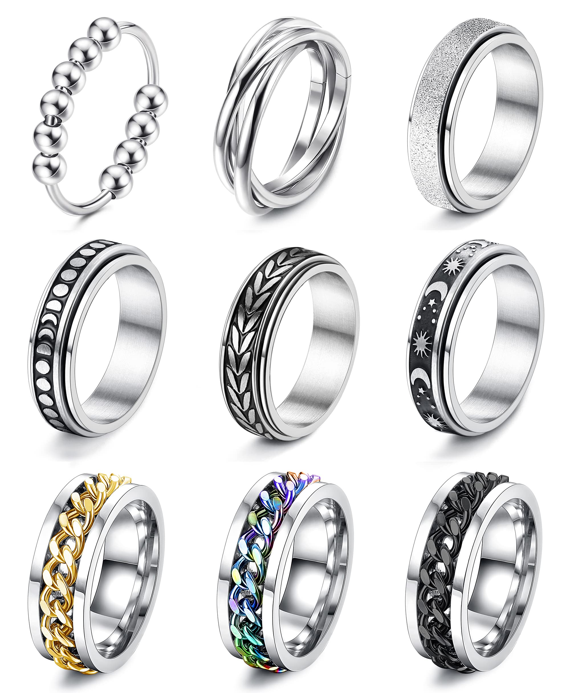 Jstyle Anelli Fidget per ansia, 9 pezzi, in acciaio inossidabile, anti-ansia, anelli con perline, luna e stella, triplo intreccio, fiori rotanti, set di anelli per alleviare lo stress, per donne e