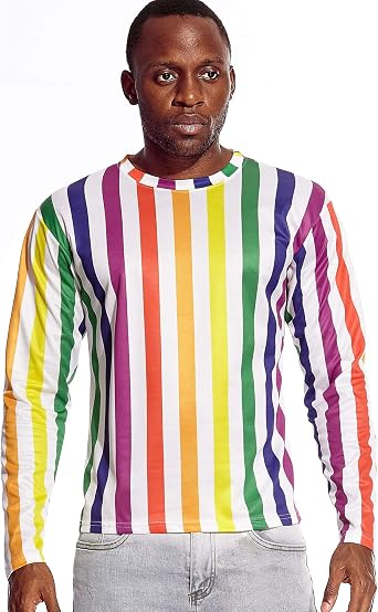 Long Sleeve Striped T Shirt Men Rainbow 