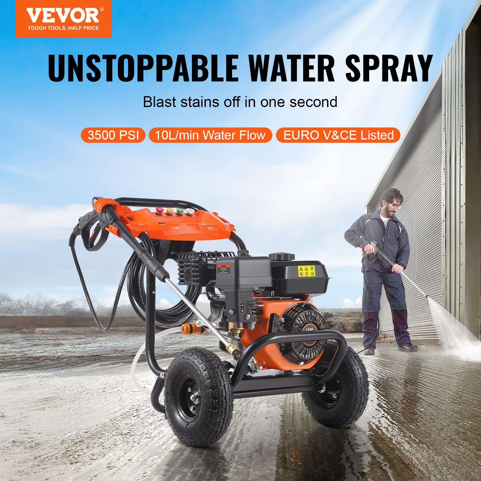 VEVOR Idropulitrice a Gas 246,07 kgf/cm² 10 L/min Idropulitrice a Gas con Pompa in Alluminio, Prolunga, Set da 5 Ugelli, Idropulitrice ad Alta Pressione per Auto, Recinzioni, Case, Cortili, Verticale