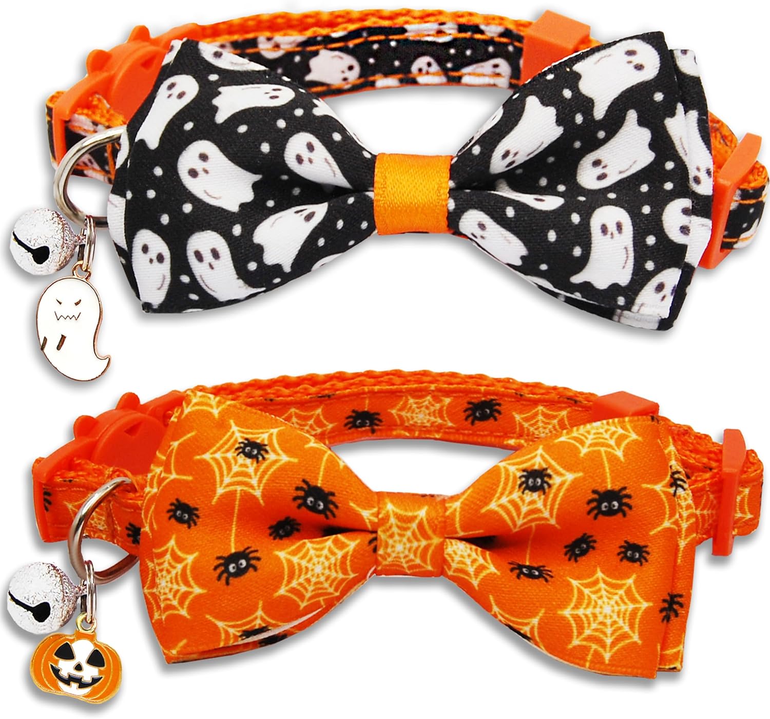 2 Pack Halloween Cat Collar Breakaway Collars with Bow Tie and Bell, Ghost & Spooky Spiderwebs Prints Safety Breakaway Buckle Soft Nylon for Boys and Girls Kitties Kittens