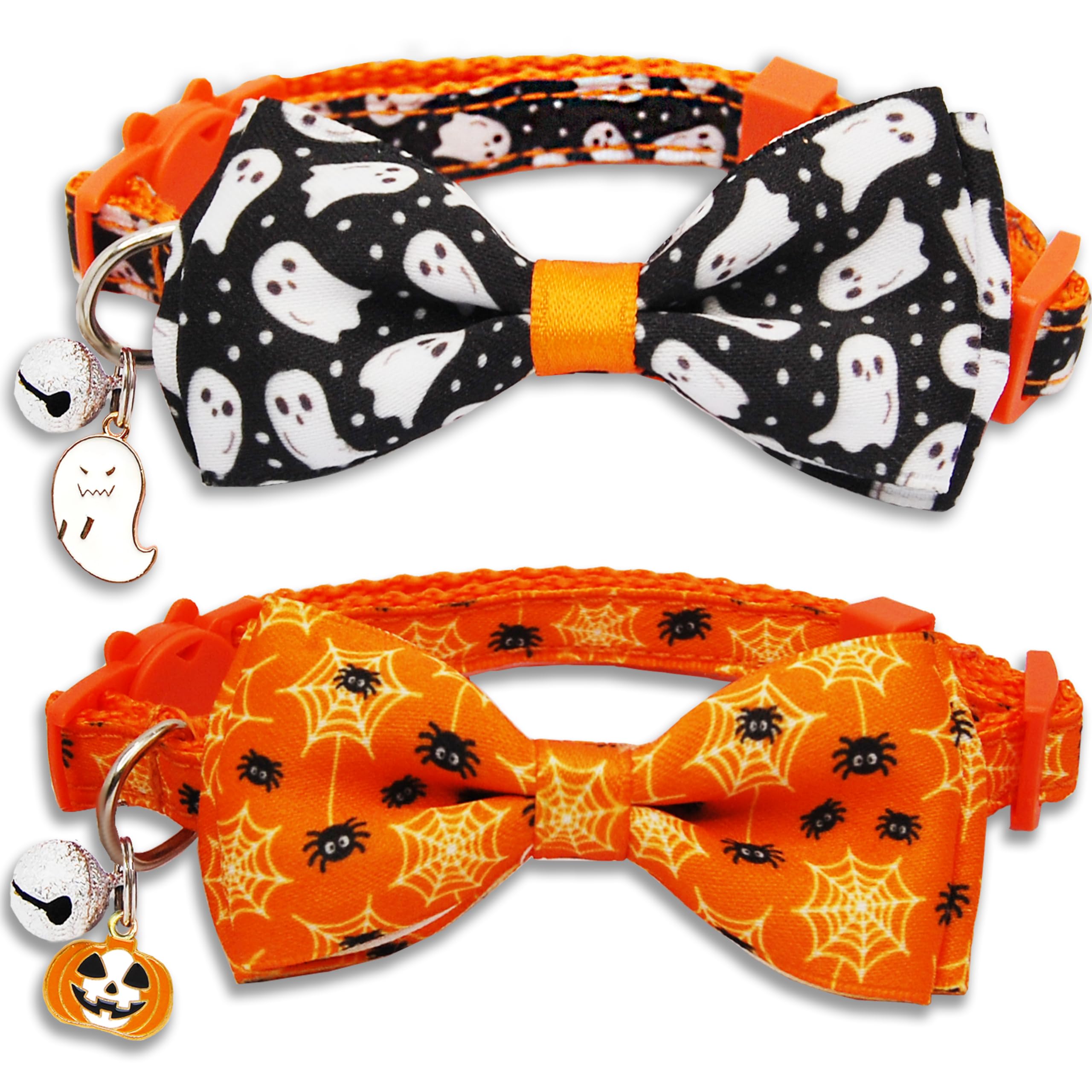 Confezione da 2 collari staccabili regolabili per Halloween, con papillon, fantasmi e ragnatele, fibbia di sicurezza, in morbido nylon, per gatti e cani di piccola taglia