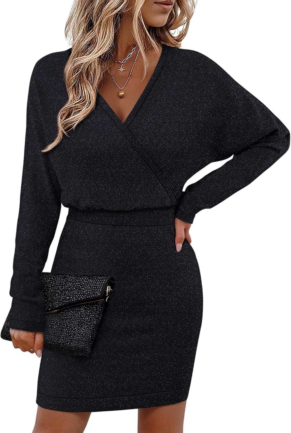Bebonnie Womens Sexy V Neck Batwing Sleeve Sparkly Cocktail Party Sweater Dresses Holiday Bodycon Midi Dress