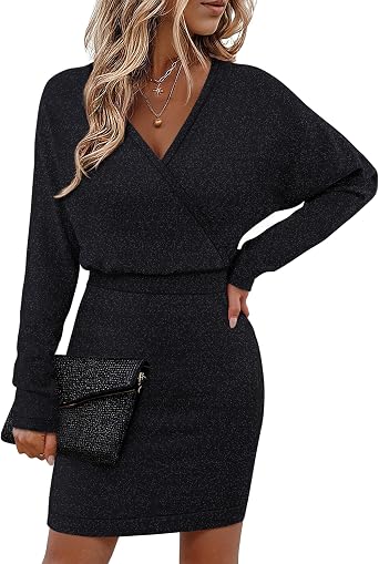 Bebonnie Womens Sexy V Neck Batwing Sleeve Sparkly Cocktail Party Sweater Dresses Holiday Bodycon Midi Dress