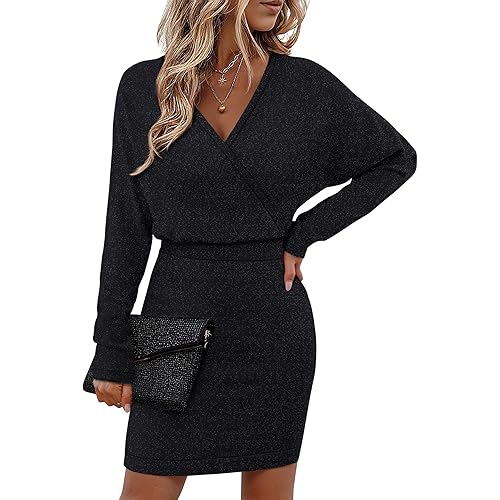 Bebonnie Womens Sexy V Neck Batwing Sleeve Sparkly Cocktail Party Sweater Dresses Holiday Bodycon Midi Dress