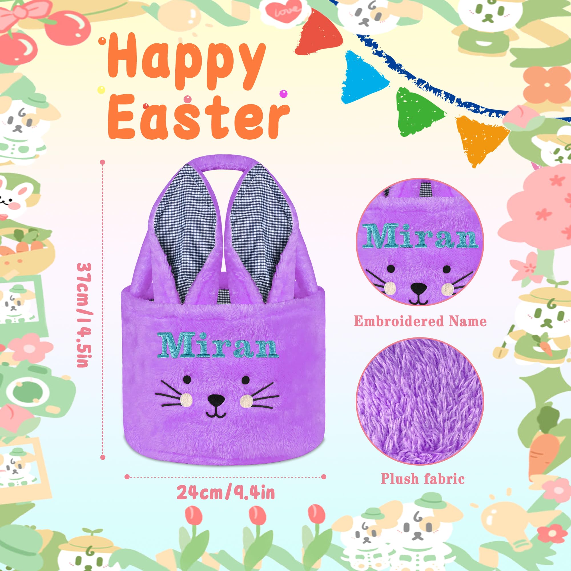 Eremovd Bunny Easter Baskets, Personalized Easter Basket with Name - Purple