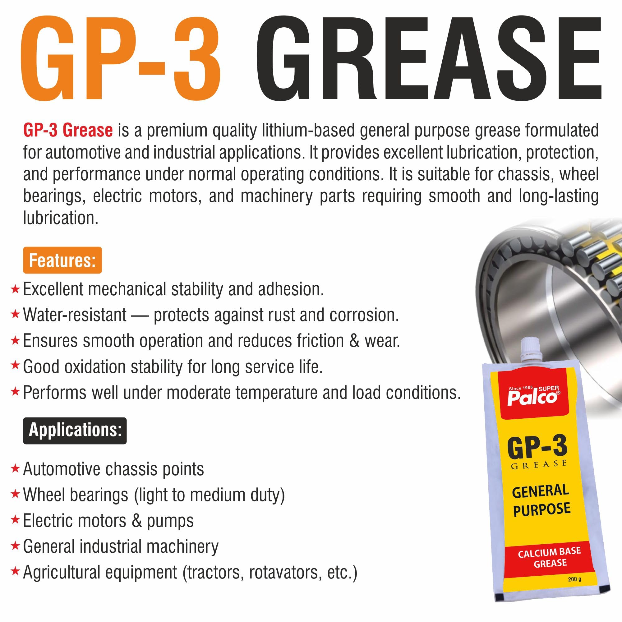PALCO GP-3 Grease 200g Pouch (Pack of 5) Multipurpose Water Resistant & Chassis Bearing Calcium Base Grease for Car Cycle Industrial Agricultural Bike Chain Lube NLGI-3 Long Lasting Lubricant 4