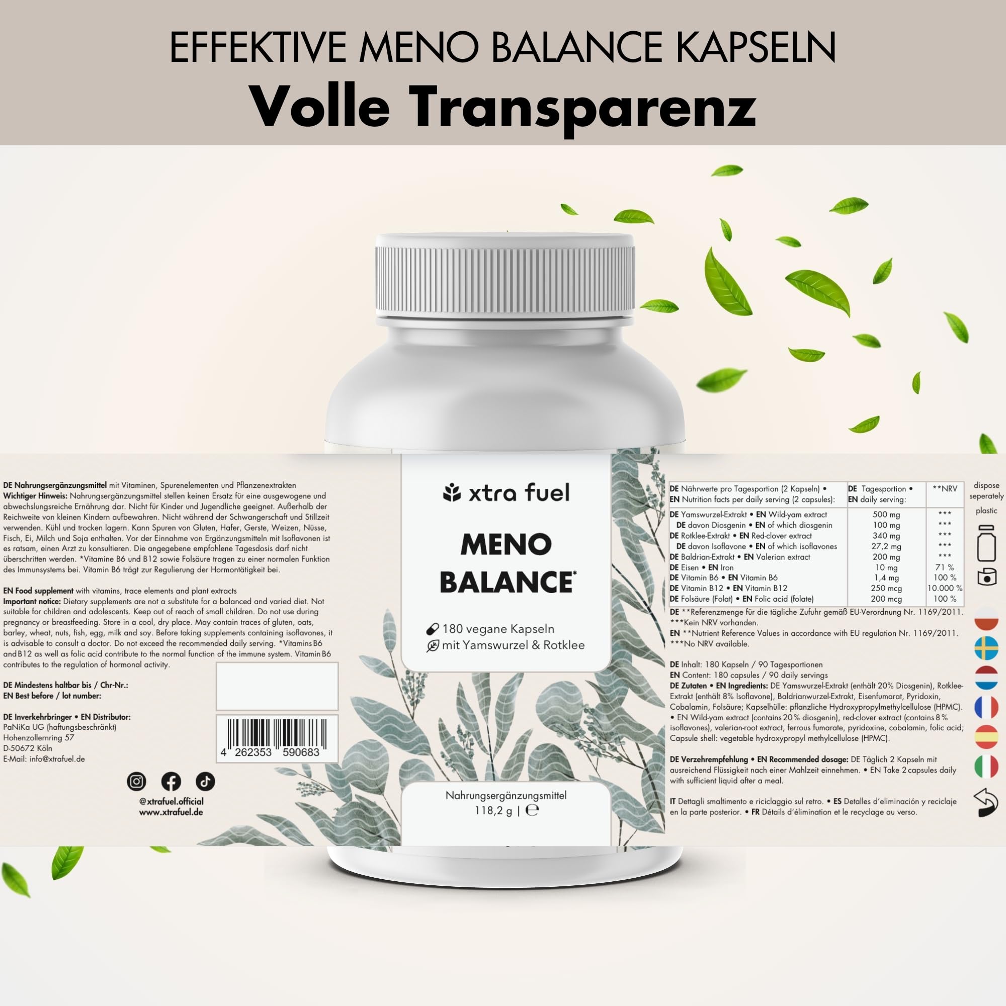 Wechseljahre Kapseln 180 Stück - Meno Balance - Natürliche Formel mit 500mg Yamswurzel, 340mg Rotklee, 200mg Baldrian-Extrakt, Eisen, Folsäure & B-Vitamine – laborgeprüfter Meno Komplex Wechseljahre