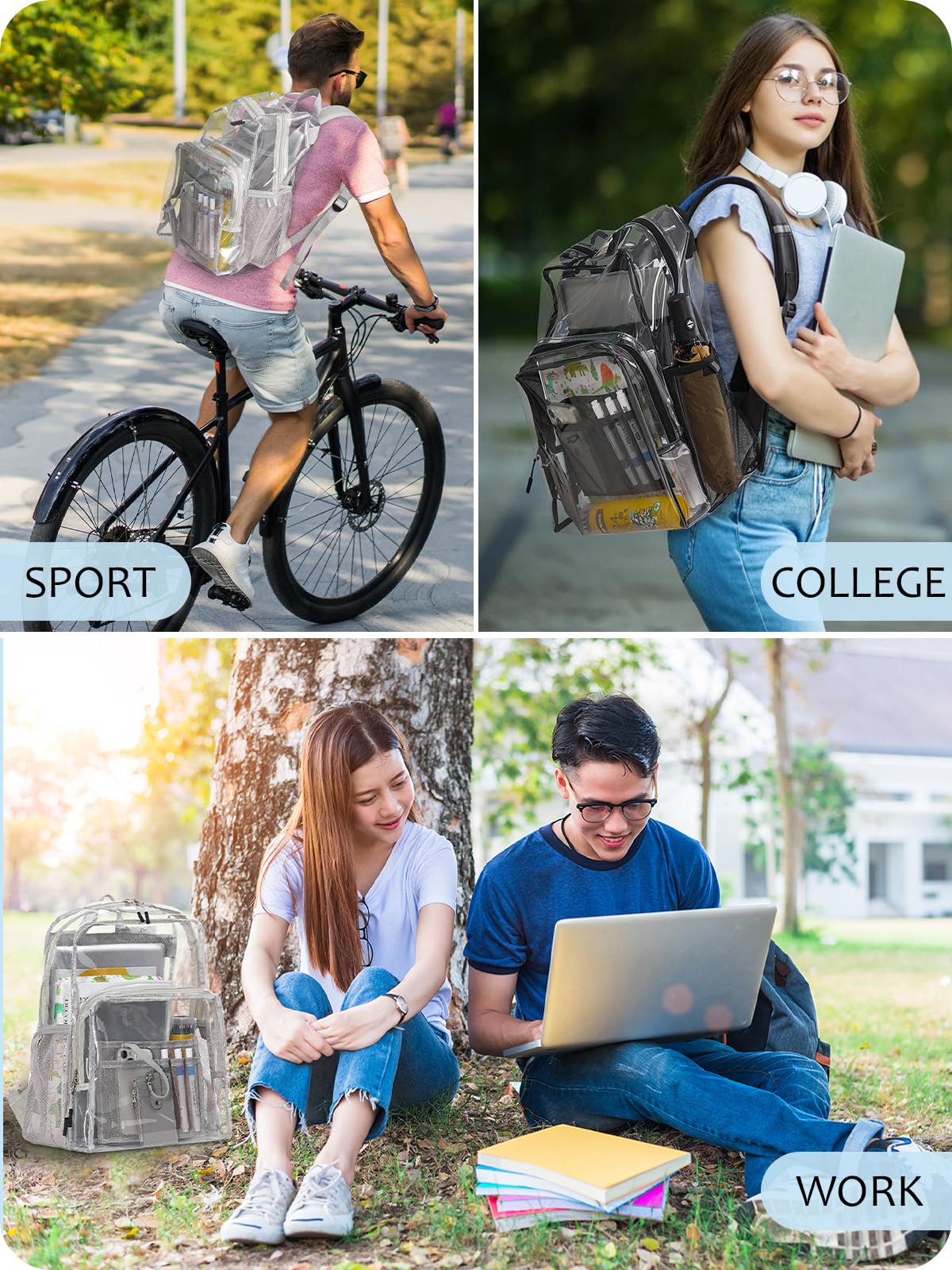 Zaino trasparente per la scuola, 17 pollici grande resistente TPU trasparente Bookbag per ragazzi ragazze adulti per college casual, Grigio, Large, Trasparente