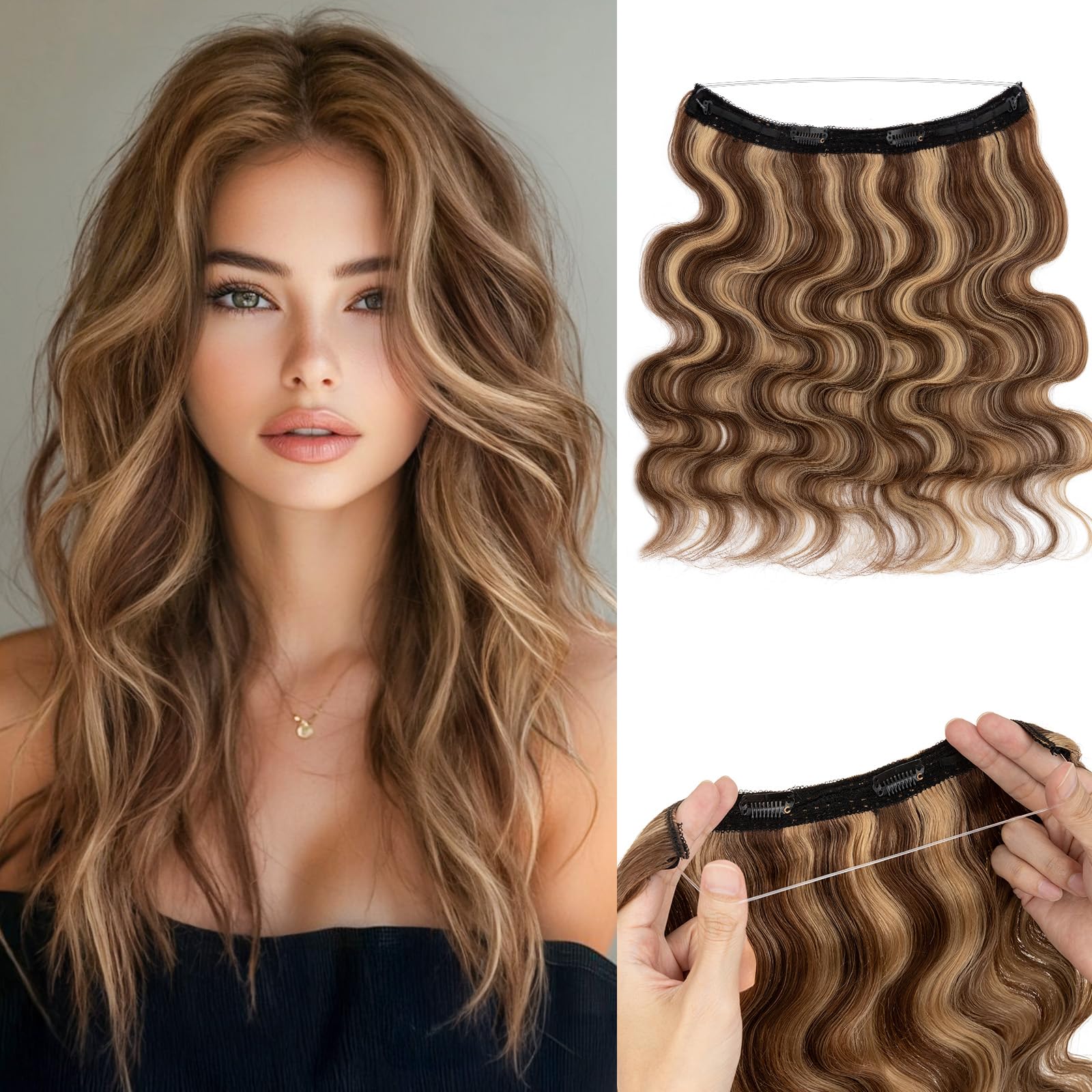 Photo 1 of Halo Hair Extensions,Prokyvity Wavy Halo Hair Extensions Real Human Hair,Invisible Adjustable Wire Extensions for Seamless Blending 16 inch/65g Medium Brown Streaked with Dark Blonde