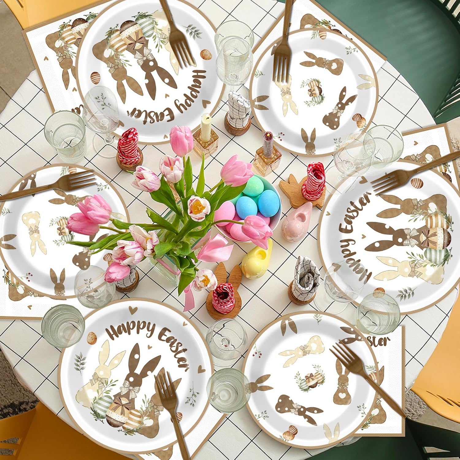 Justforjoyful 96PCS Easter Paper Plates and Napkins Happy Easter Party Supplies Easter Bunny Eggs Disposable Tableware Set for Spring Birthday Easter Holiday Baby Shower Party Decorations Favor