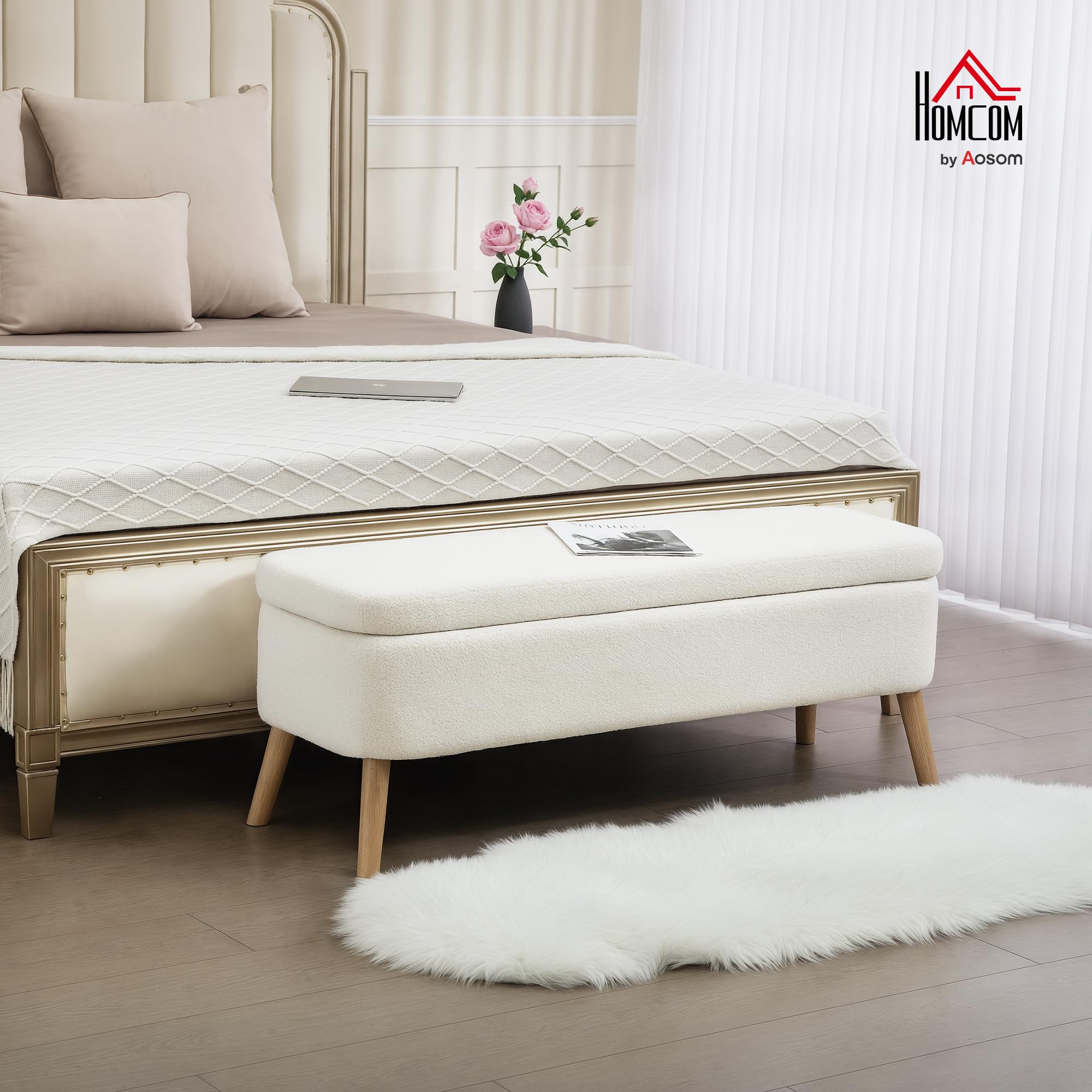 HOMCOM Banco con cojín almacén, Patas Madera, 120x42x45, Blanco Crema | Aspecto vellón teddy, banco con almacén, banco cama, para sala, dormitorio, pasillo.