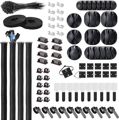 Kit de organización de cables de 173 piezas, 4 fundas para cables, 28 clips autoadhesivos, 29 soportes para cables, 10+2 rollos de correas disponible en Yaxa Guatemala