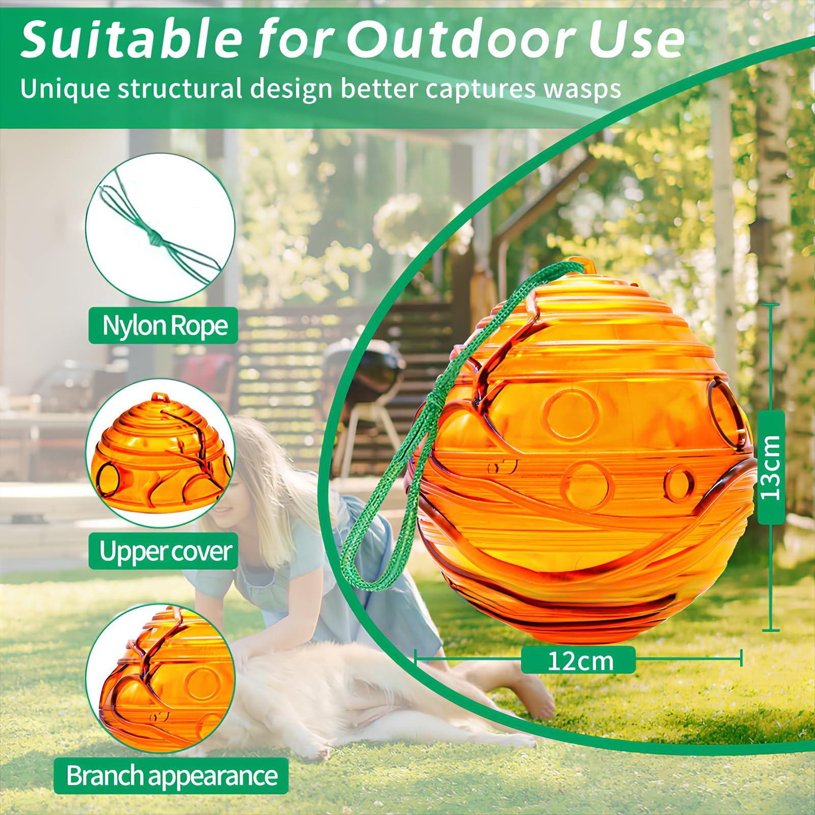 Lot de 2 pièges à guêpes sphériques – Imperméable à l'eau, attrape-frelons, attrape-abeilles, piège à mouches, anti-mouches écologique pour extérieur et intérieur, réutilisable et facile à nettoyer